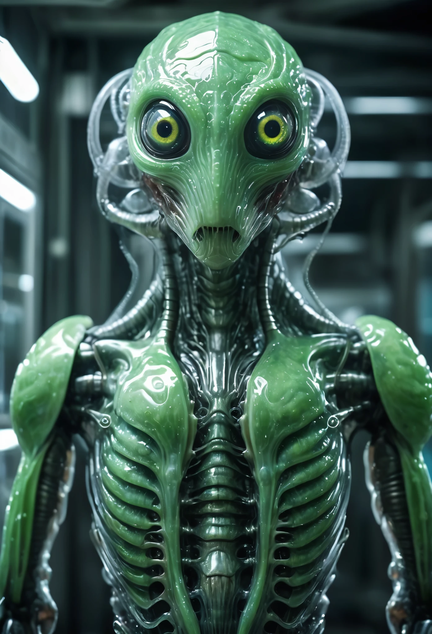 humanoid creatures with translucent to pale transparent skin resembling raw meat, featuring mollusk-like organic textures, scaly epidermis, uncanny compound eyes following the viewer, singular head and torso conjoined by longitudinal stripes, dewy skin glistening with moisture, bulky forms looming in a sterile laboratory setting, silky-smooth green eyes glaring with an unsettling gaze, nacreous compound, photo realistic, cinematic, movie still, captured in the style of Sony Alpha A7 III camera