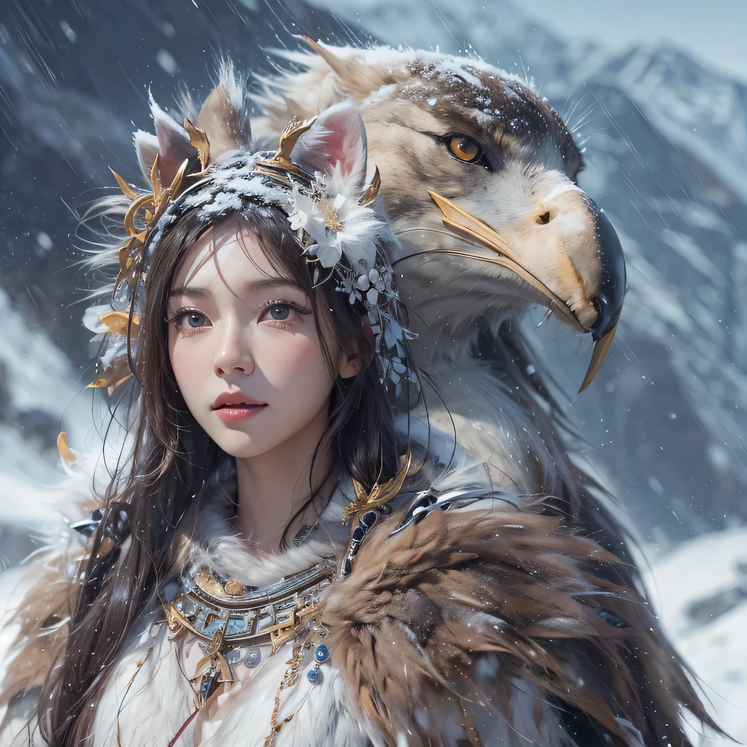 Hide in the snow mountain、Hair flows、 ((highest quality、masterpiece、8k、best image quality、ultra high resolution、Award-winning work)、(accurate anatomy:1.1)、(look at me and smile:1.1)、Shining fair skin with ultra high resolution、most detailed face、ultra high resolution detailed face、ultra high resolutionの髪の毛、(ultra high resolutionの煌めく瞳:1.1)、Beautiful face drawn in every detail、(blurred background:1.1)、ancient Inuit clothing, chest together, tattoo, Old ruins in the background、real giant eagle aside