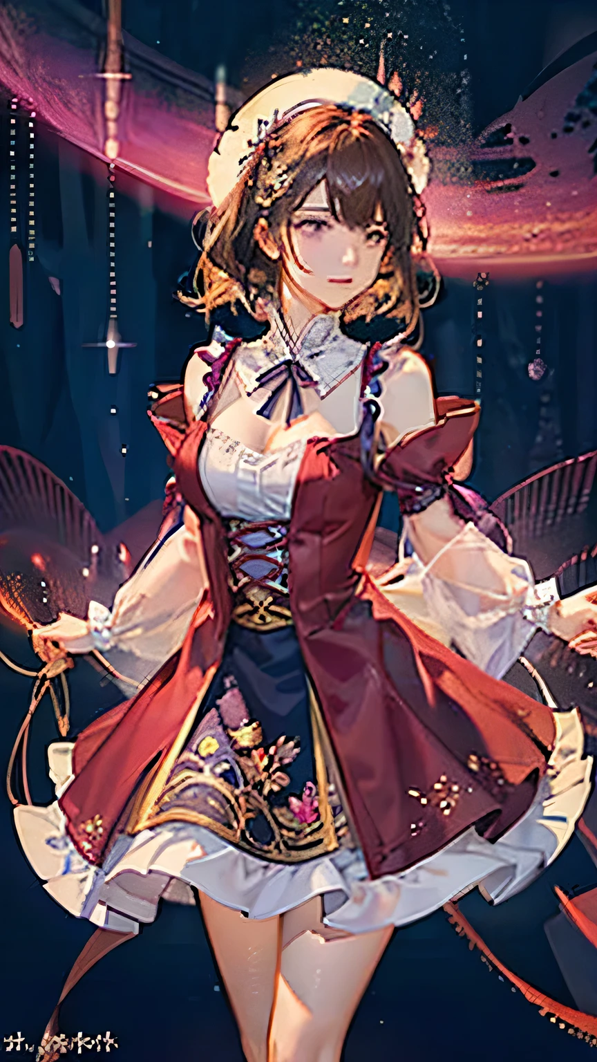 (highest quality, High resolution), Glowing Eyes, Delicate facial features, Vibrant colors, Dreamy atmosphere, Fantasy Theme, Floral Background, Graceful Movement, Detailed clothing, loose fitting dress, Elegant fashion, Magic lighting, Mysterious Aura, Heavenly Beauty, Magic thread, Whimsical elements,Big Breasts、Red attire、Colorful costumes、lingerie、Purple outfit
