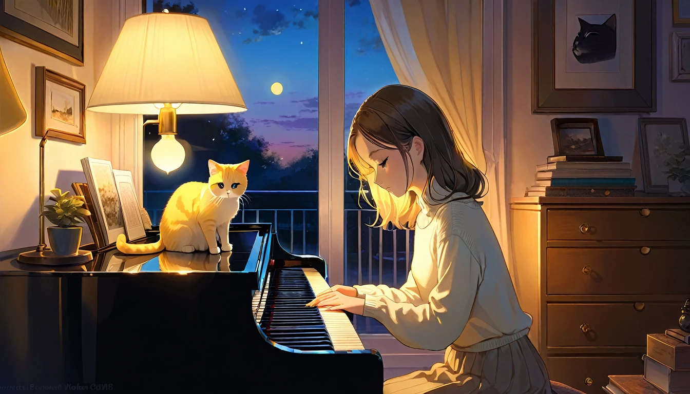A dusk,
A girl sits in a cozy corner, draw a piano.
The soft yellow light of a desk lamp illuminates her thoughtful expression, revealing deep concentration and a calm posture.
Her gentle gaze is comforting.
It adds to the quiet evening atmosphere, creating a peaceful and tranquil look,with cat.