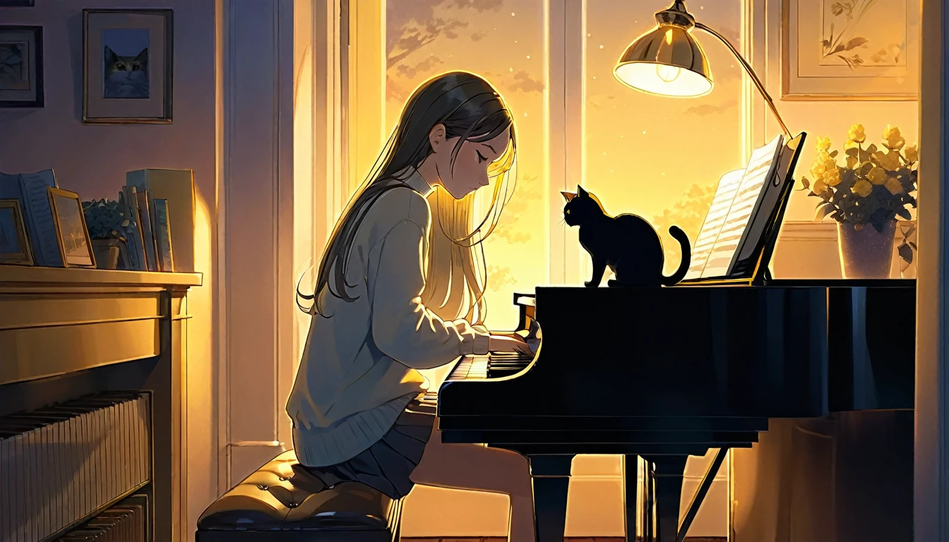 A dusk,
A girl sits in a cozy corner, draw a piano.
The soft yellow light of a desk lamp illuminates her thoughtful expression, revealing deep concentration and a calm posture.
Her gentle gaze is comforting.
It adds to the quiet evening atmosphere, creating a peaceful and tranquil look,with cat.
