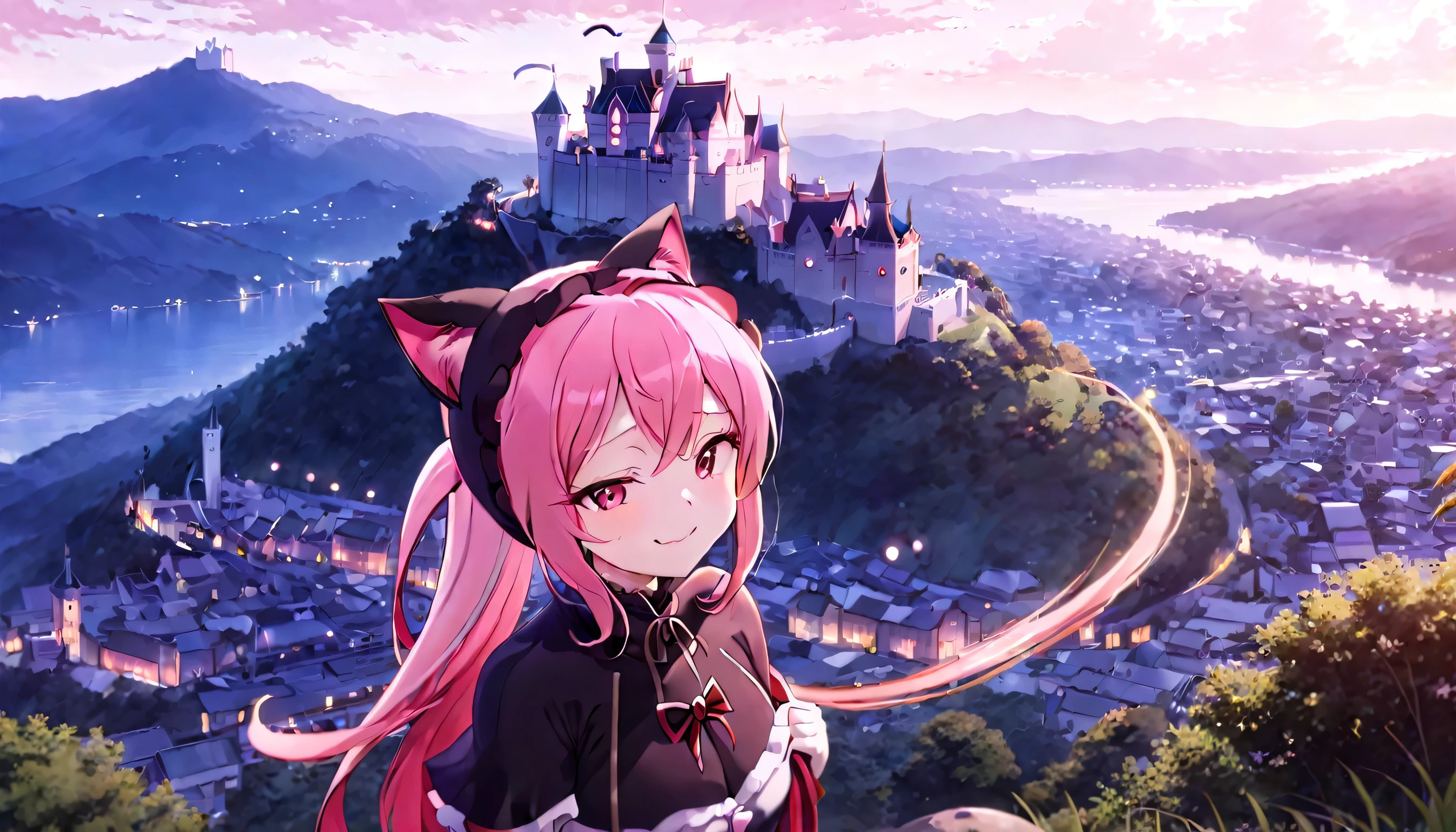 kawai anime girl looking at the horizon with a castle floating in the distance and people in the distance with powers, pink hair, happy, cat ears and panorama mode image that shows the landscape and that the girl does not look at the camera and that her entire body is seen, with a smile on her face, open her eyes, with a katana hanging on her anime waist, anime, anime!!! 4k