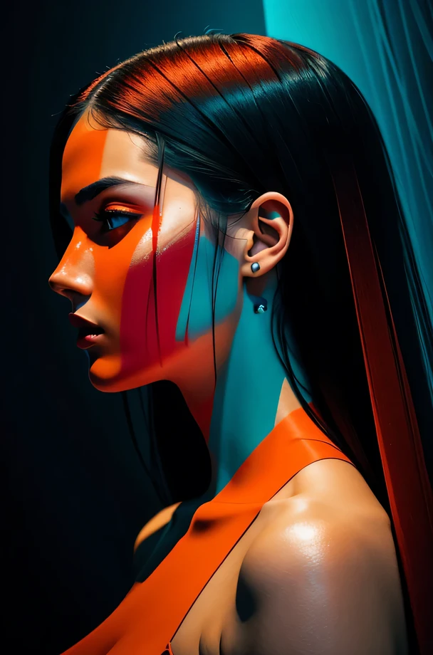 masterpiece, best quality, ultra high res, 1girl, (abstract art:1.4), cinematic, bleeding red, (cyan and orange theme), visually stunning, beautiful, evocative, emotional, side view, perfect lighting, perfect shading, volumetric lighting, subsurface scattering, (beautiful face), gorgeous, stunning, (intricate, detailed), (photorealistic:1.6), (mature adult:1.37), (abstract expressionism:0.25), seductive, sexy, flowers:0.3,