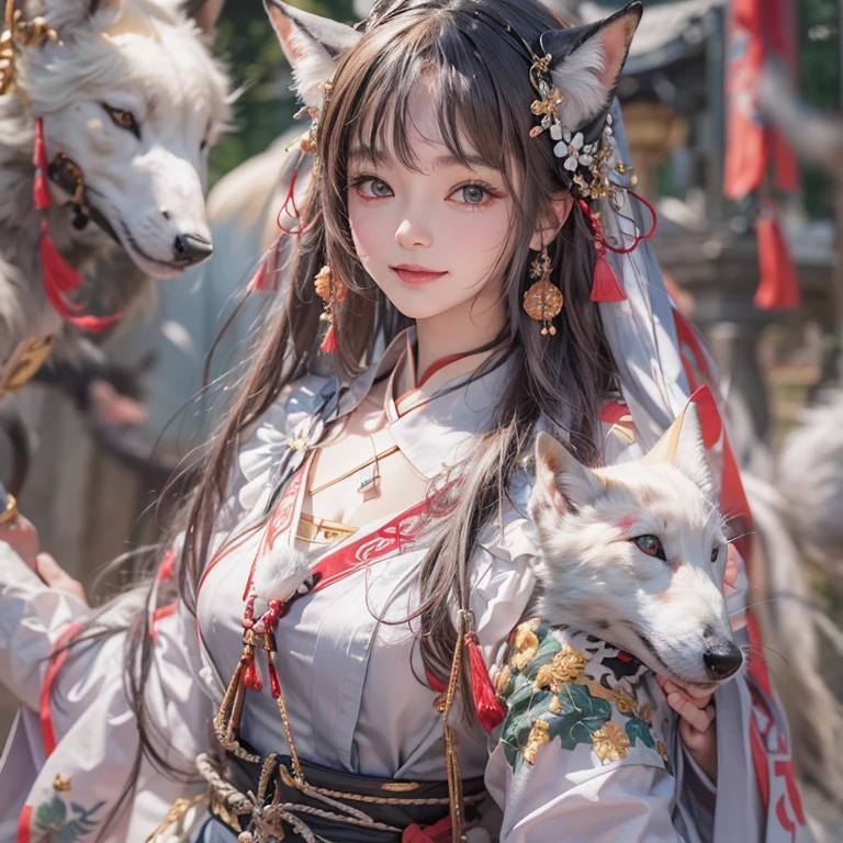 Hide in the ancient shrine、Hair flows、 ((highest quality、masterpiece、8k、best image quality、ultra high resolution、Award-winning work)、(accurate anatomy:1.1)、(look at me and smile:1.1)、Shining fair skin with ultra high resolution、most detailed face、ultra high resolution detailed face、ultra high resolutionの髪の毛、(ultra high resolutionの煌めく瞳:1.1)、Beautiful face drawn in every detail、(blurred background:1.1)、ancient shrine maiden clothes, chest together, tattoo、white fox aside