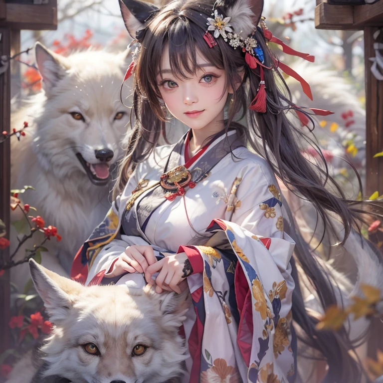 Hide in the ancient shrine、Hair flows、 ((highest quality、masterpiece、8k、best image quality、ultra high resolution、Award-winning work)、(accurate anatomy:1.1)、(look at me and smile:1.1)、Shining fair skin with ultra high resolution、most detailed face、ultra high resolution detailed face、ultra high resolutionの髪の毛、(ultra high resolutionの煌めく瞳:1.1)、Beautiful face drawn in every detail、(blurred background:1.1)、ancient shrine maiden clothes, chest together, tattoo、white fox aside