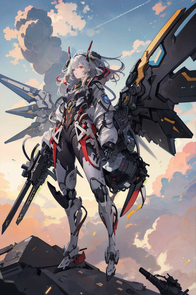 mecha,1girl, full body, mechanical_wings, thrusters,sky,cloudy sky,, (masterpiece, best quality, high quality, highres, ultra-detailed),