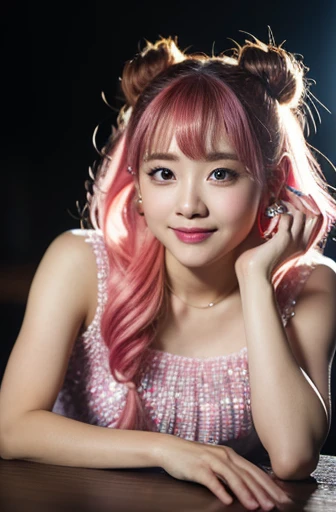 (Realistic:1.3), In detail, quality, Rembrandt Lighting, (Tabletop:1.2), (Realistic:1.2), (最高quality), (Detailed skin:1.3), (Intricate details), dramatic, Ray Tracing,
Defeat a girl, Japanese girl, smile,(Pink Hair 1.4), Bun Hair, Parted bangs, Eye highlights 21 years old, Medium chest, Earrings, jirai fashion, Short dress, Frills, race, ribbon, 
break
(It&#39;s Tokyo Street, Harajuku, sunny day),