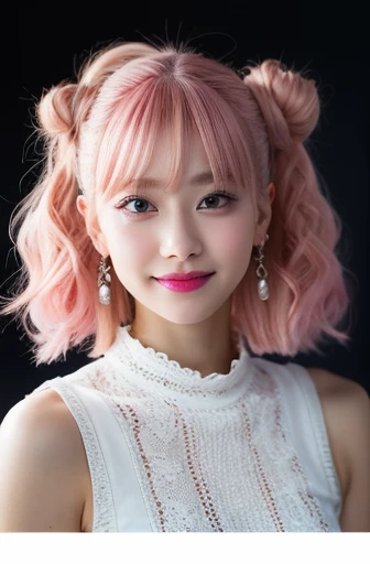 (Realistic:1.3), In detail, quality, Rembrandt Lighting, (Tabletop:1.2), (Realistic:1.2), (最高quality), (Detailed skin:1.3), (Intricate details), dramatic, Ray Tracing,
Defeat a girl, Japanese girl, smile,(Pink Hair 1.4), Bun Hair, Parted bangs, Eye highlights 21 years old, Medium chest, Earrings, jirai fashion, Short dress, Frills, race, ribbon, 
break
(It&#39;s Tokyo Street, Harajuku, sunny day),