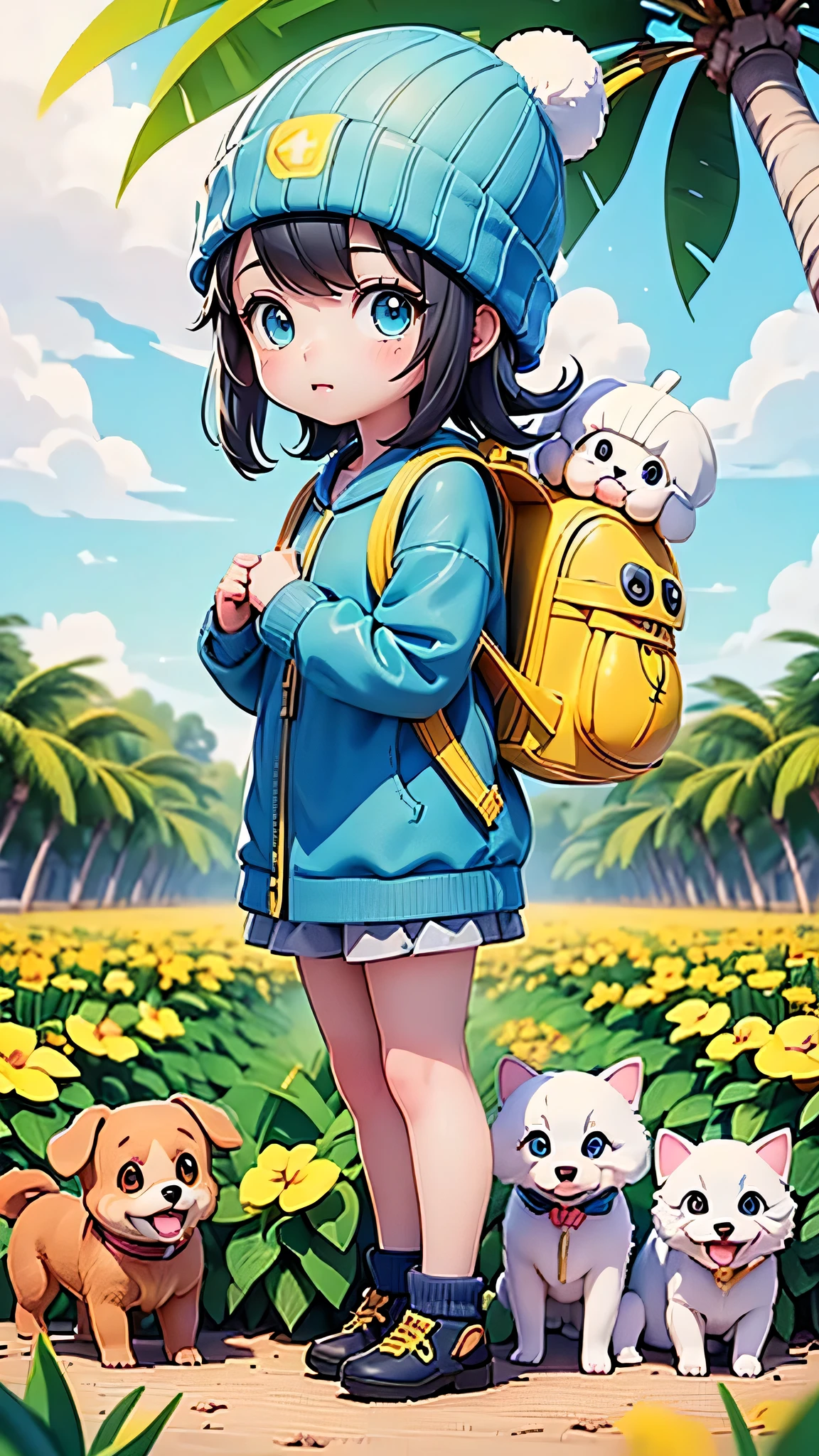 Anime Girls (((Yellow Backpack))) and (((Four dogs in a coconut field))), ((((Blue Eyed Girl)))), (((The girl is wearing a beanie hat))), Cute and detailed digital art, Adorable digital painting, ((((character'Front camera)))), Gweiz-style artwork, Realistic anime 3D style, Anime Styled 3d, Cute 3D Anime Girls Rendering, Anime Painter Studio Production, Anime Style. 8k, art station kids'art, Cute girl anime visuals,