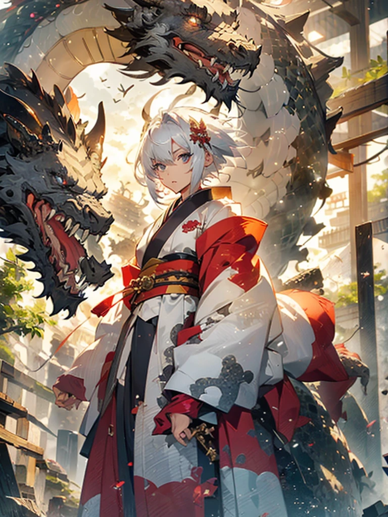 1male, masculine, white hair, ((adult)), long hair, messy hair, blue eyes, red yukata, ((red tattoos)) black underclothing, ((horns)), (old japan background), detailed background, standing on path, expressionless, emotionless, old japan town background, spider lillies, dark atmosphere, dark background, ((detailed eyes)), detailed face, illuminated eyes, dynamic lighting