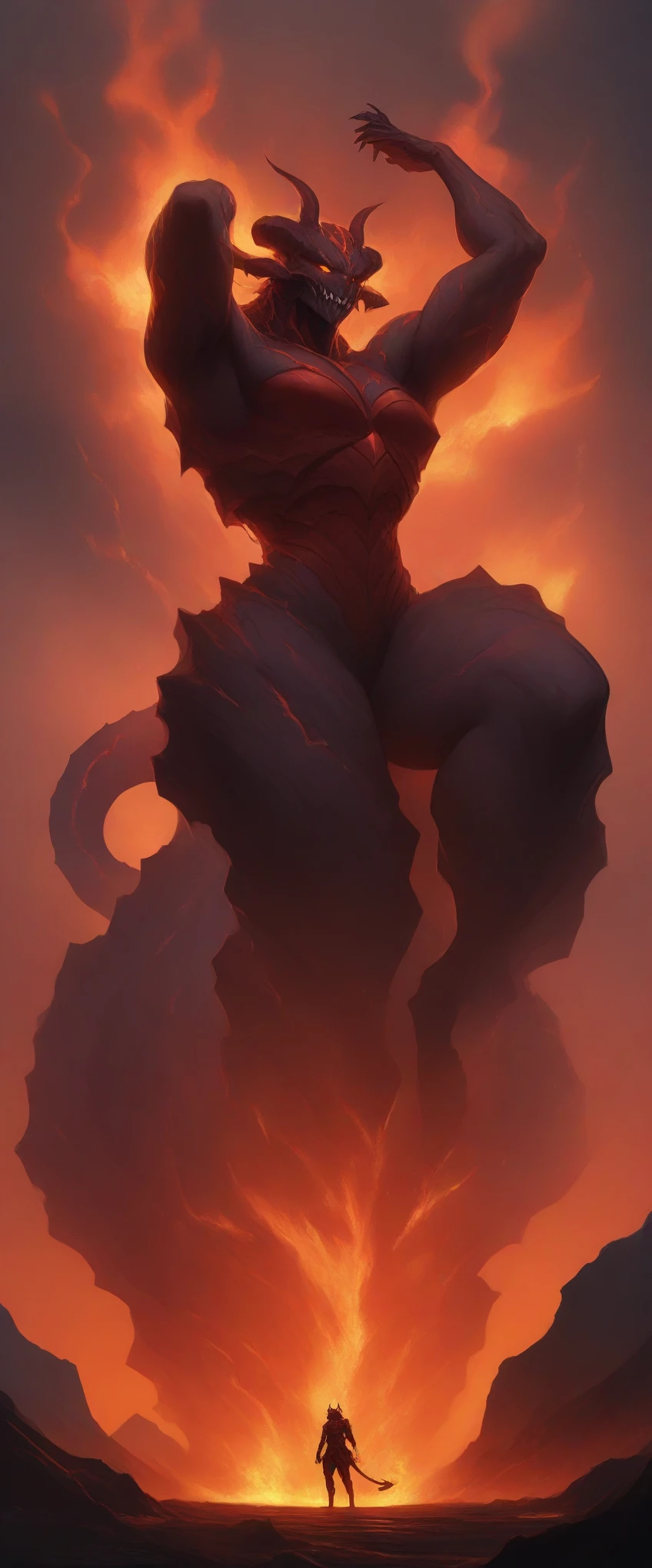 (masterpiece, best quality:1.2), standing_split,
( (((Majestic, Terrifying, female Lava Demon))), (Volcanic, Infernal, Creature), (Dark, Scarlet, Skin), (High resolution, 8K Wallpaper), Textured, Sculpted Muscles, Vibrant, Glowing Eyes, Sultry, Smoky Breath, Fire, Magma, (Two horns, Tail coils), (Sensitive, Lava Skin), Showcasing, Detailed Facial Features, Charred, Craggy Complexion, (Dynamic, Dramatic Lighting), Smoldering, Epic, (Masterpiece), Lava, Volcano, Molten, (fullbody armor:1.2)