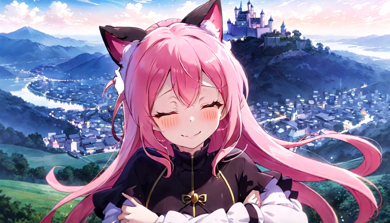 kawai anime girl looking at the horizon with a castle floating in the distance and people in the distance with powers, pink hair, happy, cat ears and panorama mode image that shows the landscape and that the girl does not look at the camera and that her entire body is seen, with a smile on her face, open her eyes, with a katana hanging on her anime waist, anime, anime!!! 4k