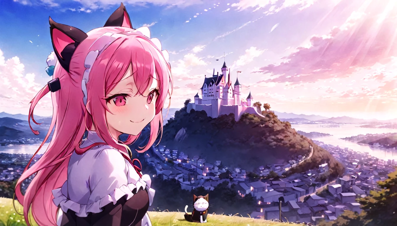 kawai anime girl looking at the horizon with a castle floating in the distance and people in the distance with powers, pink hair, happy, cat ears and panorama mode image that shows the landscape and that the girl does not look at the camera and that her entire body is seen, with a smile on her face, open her eyes, with a katana hanging on her anime waist, anime, anime!!! 4k