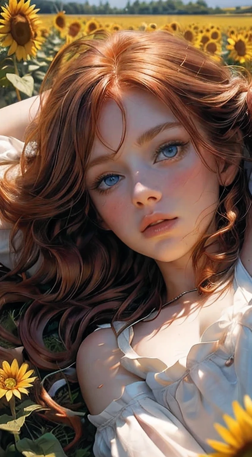 1 mature woman with redhead long wavy hair with bangs (wavy hair) (hair flying on the air) (blue eyes), red princess clothes (red color), (masterpiece), soft sun light, (incredibly colorful), lightning falling on the ground, soft light on her face, (ultra high quality), (8K quality), depth of field, ambient lighting, ((soft detail)), sunflower flower field background (sunflower petals flying on the air), she is laying in the middle of flower field ((laying down pose)) ((looking up while laying)), view from top down, white lighting effects, (realistic: 1.3), (max sharp) (detailed face) (detailed eyes), detailed lighting, perfect shadow, Masterpiece, best picture quality, nature landscape full of delicate leaves, petals of various colors slowly falling in the air, lighting excellent enough, overall picture quality very detailed and realistic, best illustration and best shadow effect.