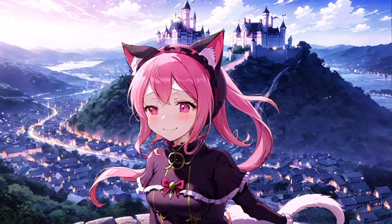 kawai anime girl looking at the horizon with a castle floating in the distance and people in the distance with powers, pink hair, happy, cat ears and panorama mode image that shows the landscape and that the girl does not look at the camera and that her entire body is seen, with a smile on her face, open her eyes, with a katana hanging on her anime waist, anime, anime!!! 4k