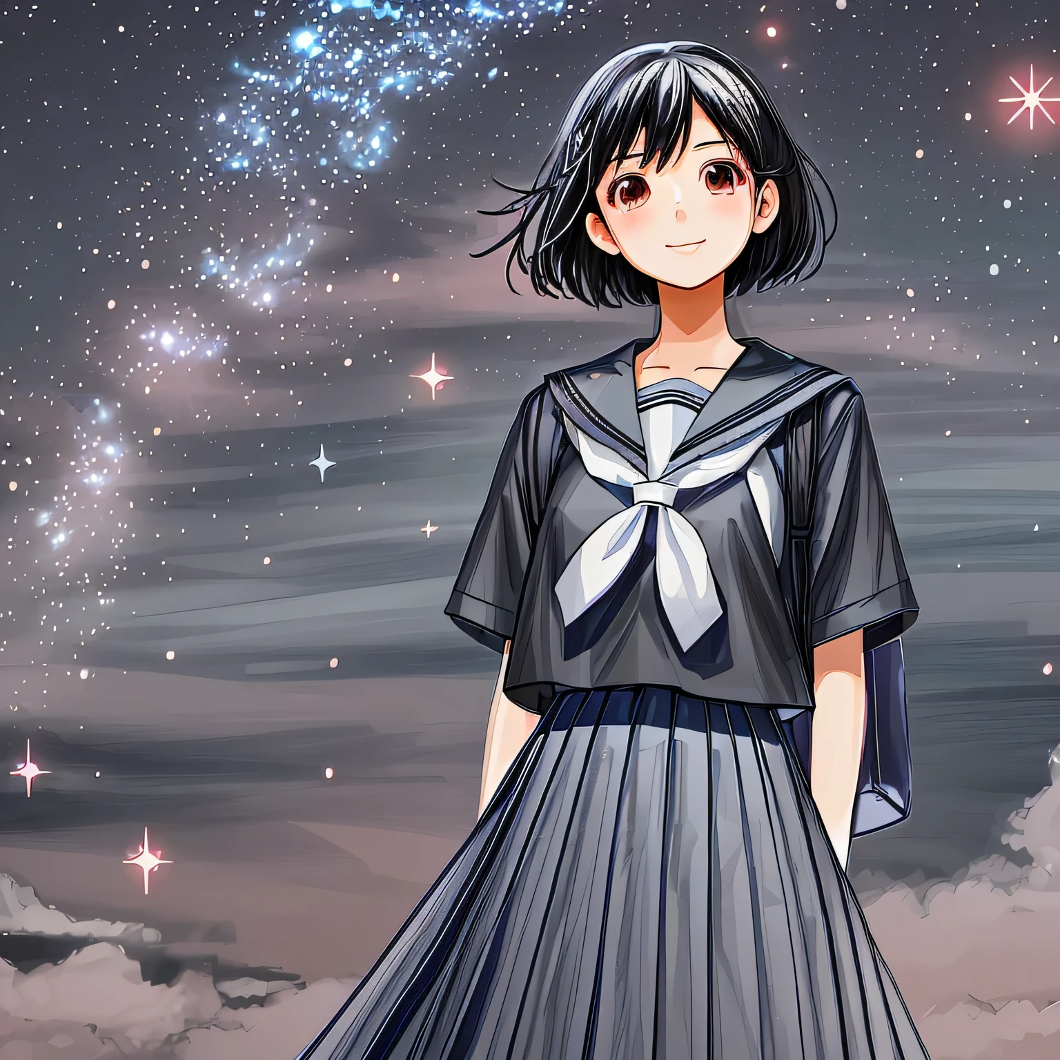 Japanese high school girl looking up at the night sky cute cute uniform Black Hair smile