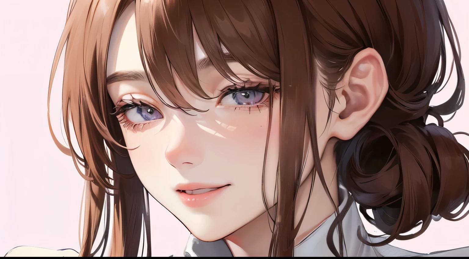 (((Open your eyes a little)))、(((1 personの少女)))、((1 person)),Masterpiece,best quality, ((Smile))), ,((White shirt))、((Pale pink background))、determined expression, Upper body diagram、 (Highest Resolution、Clear_image)、Best Quality、Light and shadow contrast、((illumination))、Very detailed、Semi-realistic、Braided hairstyle、Brown Hair、bangs、19 years old、 Lady,,young、((View from top))、Delicate Facial Features