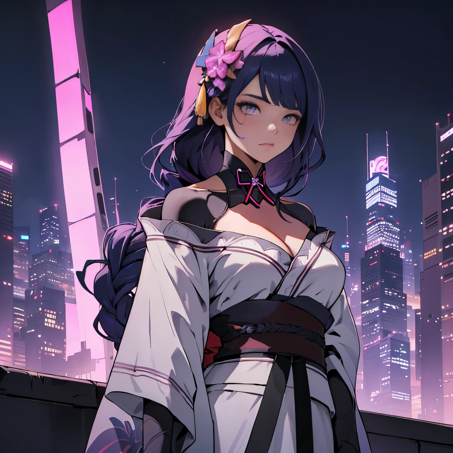 anime, (obra de arte, melhor qualidade, ultra-detalhado, alto contraste), 1 mulher (Sozinho, corpo todo, corpo plus size, standing on the edge of the skyscraper, cabelo prateado, CABELO LONGO E FLUXO, olhos vermelhos brilhantes de rubi, (Kimono preto, black cybernetics with neon pink), meias pretas transparentes), (skyscraper roof, com vista para uma cidade, fundo detalhado ((night time, Darkness, low light pollution)))