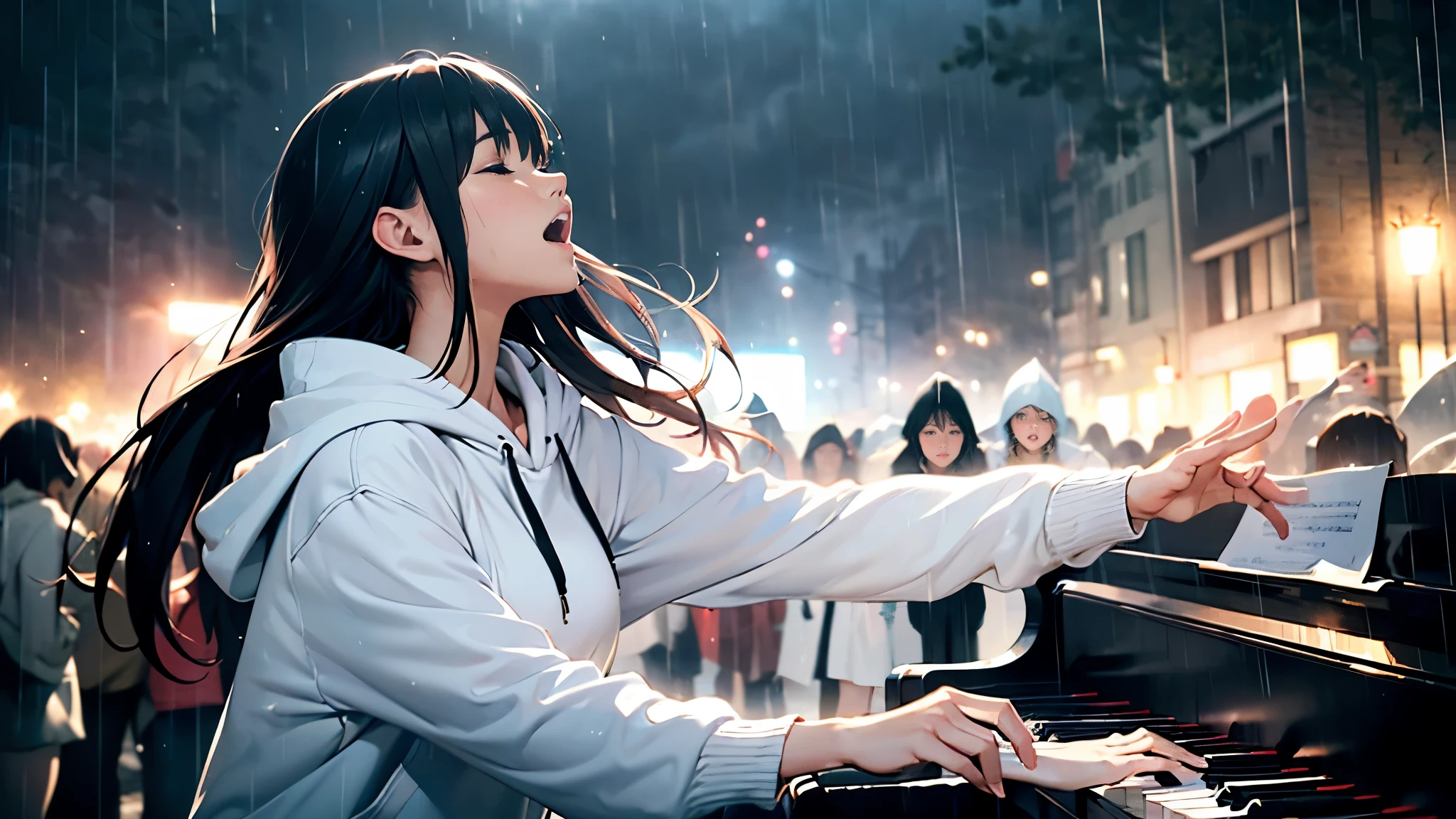(Full Shot) (Long Shot) White feathers dancing (singing with arms outstretched)((Full Shot))((symmetry))((high angle))((woman in the rain))(battlefield), alone, playing piano in crowd, looking up at sky, eyes closed, mouth open, singing, high quality, crying, ((woman in white hoodie)), cool woman, fantastic, long black hair