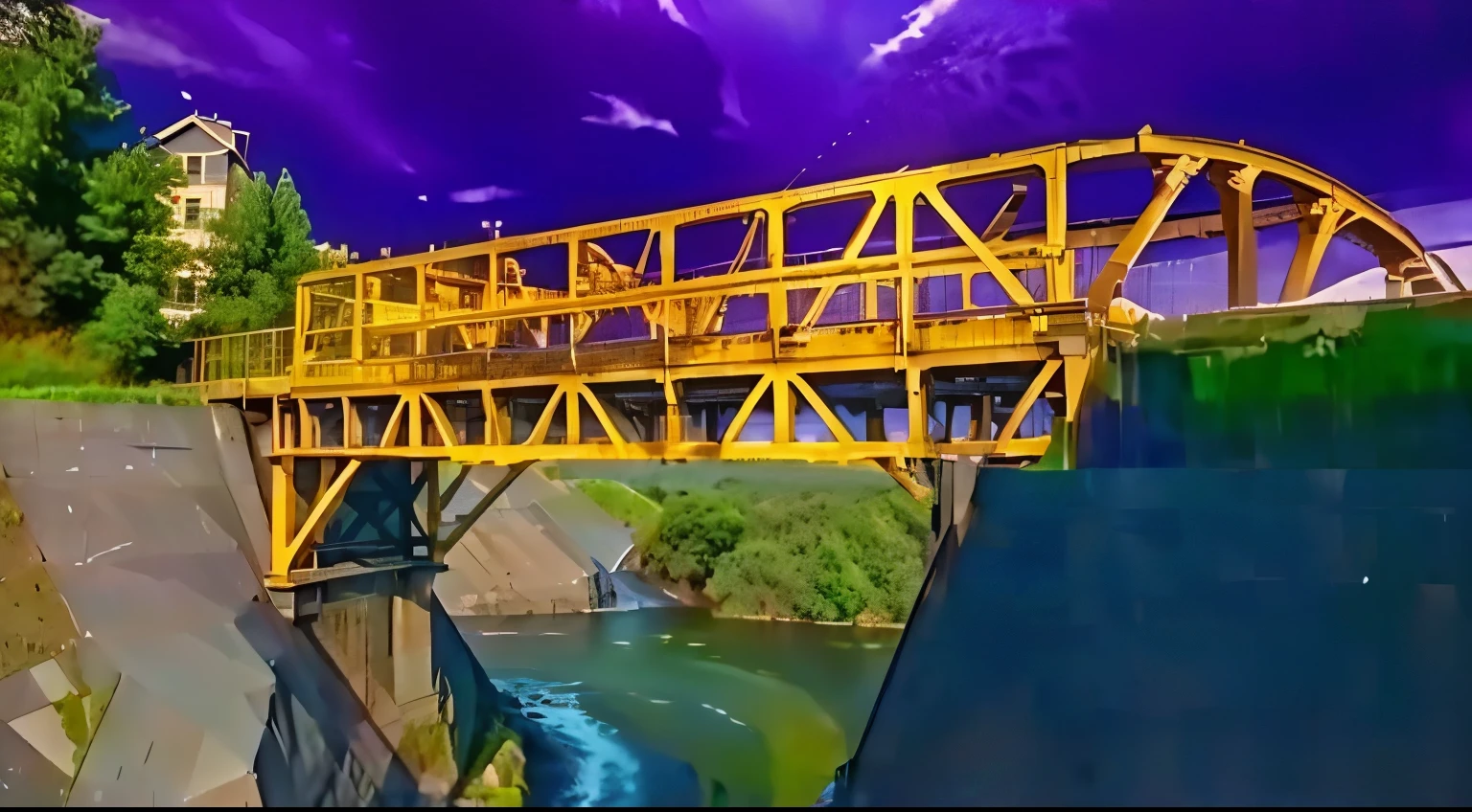 steel bridge with water flowing 