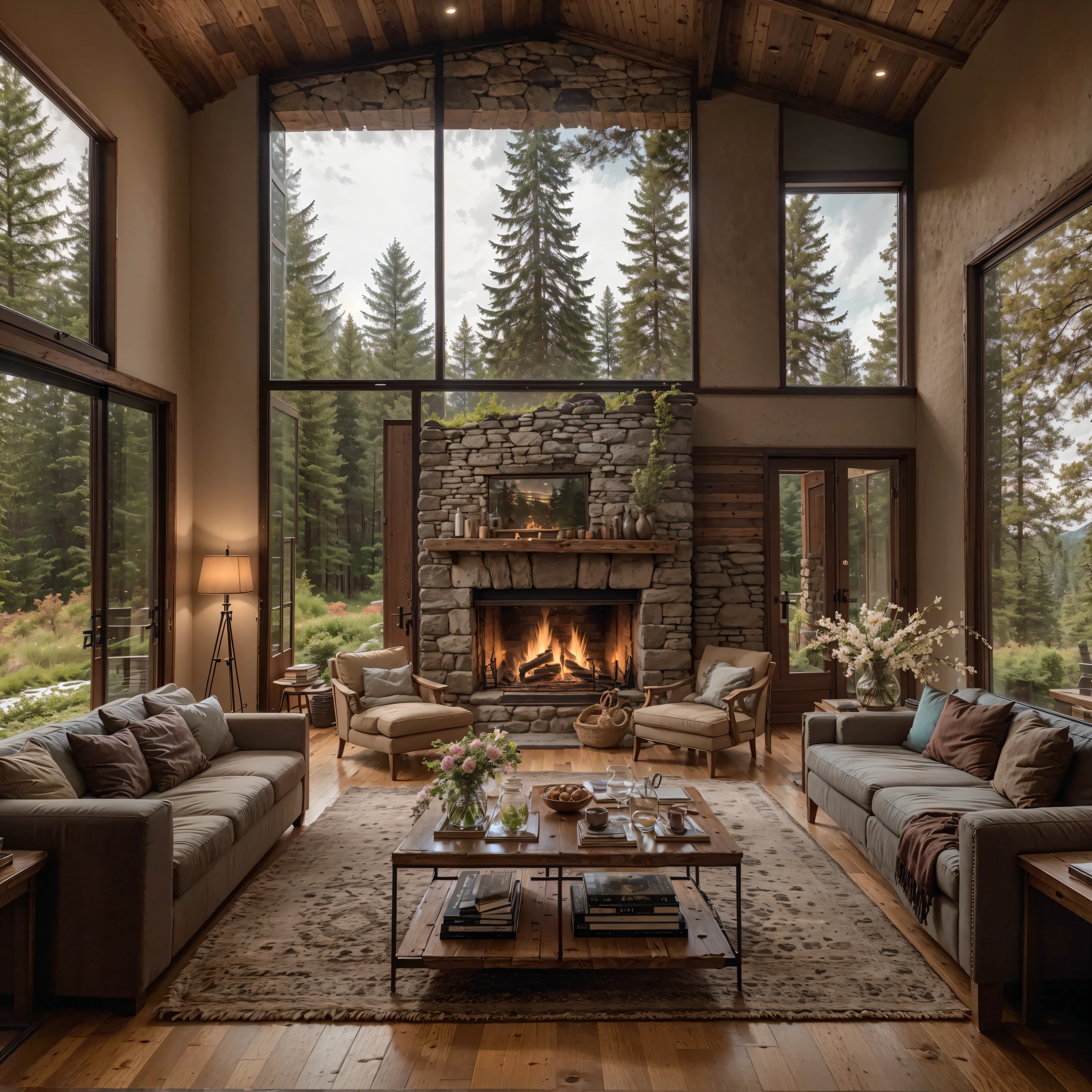 THIS EVENING WOODEN CABIN LIVING ROOM ANIME BACKGROUND, (COZY ATMOSPHERE), (SUBTLE LIGHTING), BRIGHT STONE FIREPLACE FIRE, LIONSKIN RUG THIS EVENING BEST QUALITY, TRANSPARENT GLASS WINDOWS