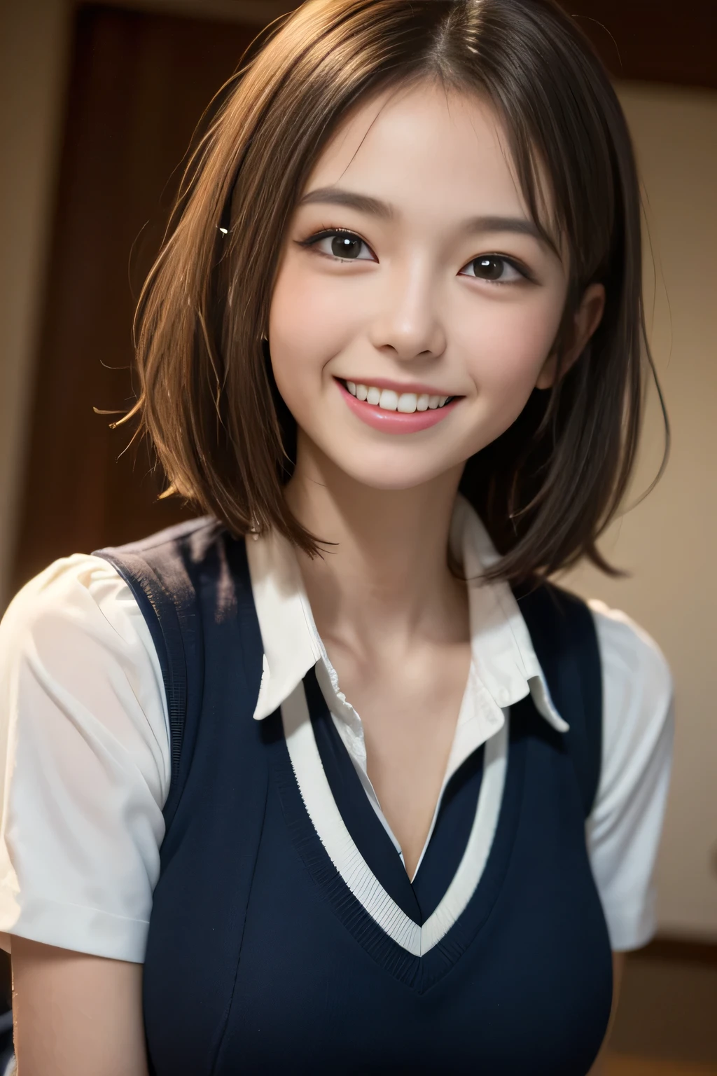 (masterpiece,highest quality,超A high resolution),Japanese women, (((Very cute 16 year old girl))), View the photographer, Front view, ((Bobcut)), Super cute face, Glossy lips, Double eyelids on both eyes, Focus your eyes, Natural Makeup, bangs, Shiny and smooth light brown wavy hair, (((Upper body close-up))), Large Breasts, Perfect limbs, Perfect Anatomy, (((One piece high school uniform:1.3))), ((Smile)), Night room, (Show off your slim thighs:1.3), ((Include the whole face and focus on the chest:1.2)), View your viewers, (Strike a cute pose:1.4), Perfect and natural fingers,