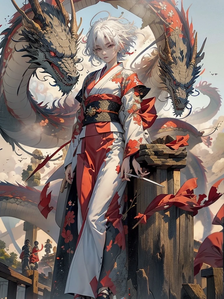 1lady and dragon,cool,white hair and short hair,kimono,have a sword,soldier