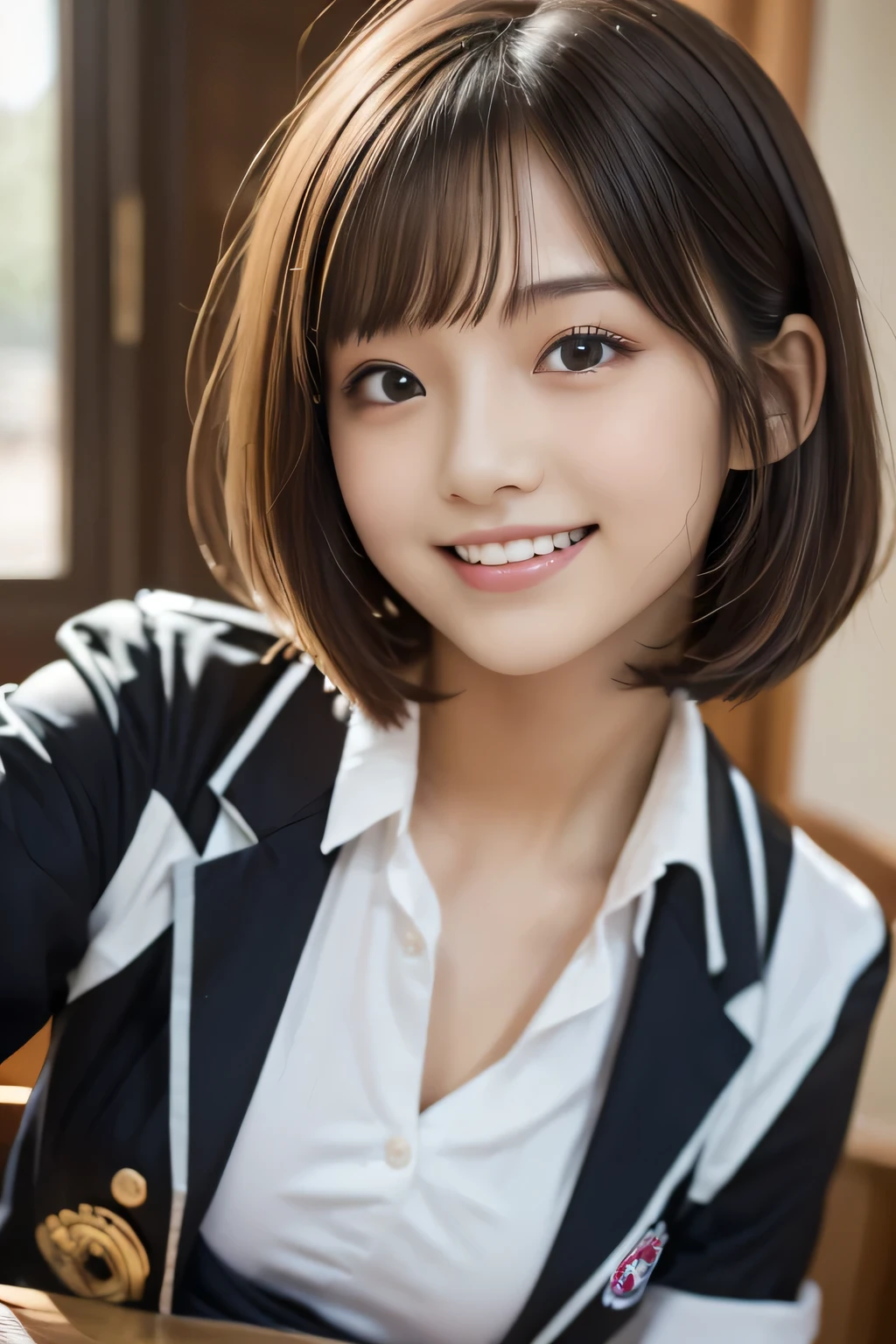 (masterpiece,highest quality,超A high resolution),Japanese women, (((Very cute 16 year old girl))), View the photographer, Front view, ((Bobcut)), Super cute face, Glossy lips, Double eyelids on both eyes, Focus your eyes, Natural Makeup, bangs, Shiny and smooth light brown wavy hair, (((Upper body close-up))), Large Breasts, Perfect limbs, Perfect Anatomy, (((One piece high school uniform:1.3))), ((Smile)), Night room, (Show off your slim thighs:1.3), ((Include the whole face and focus on the chest:1.2)), View your viewers, (Strike a cute pose:1.4), Perfect and natural fingers,