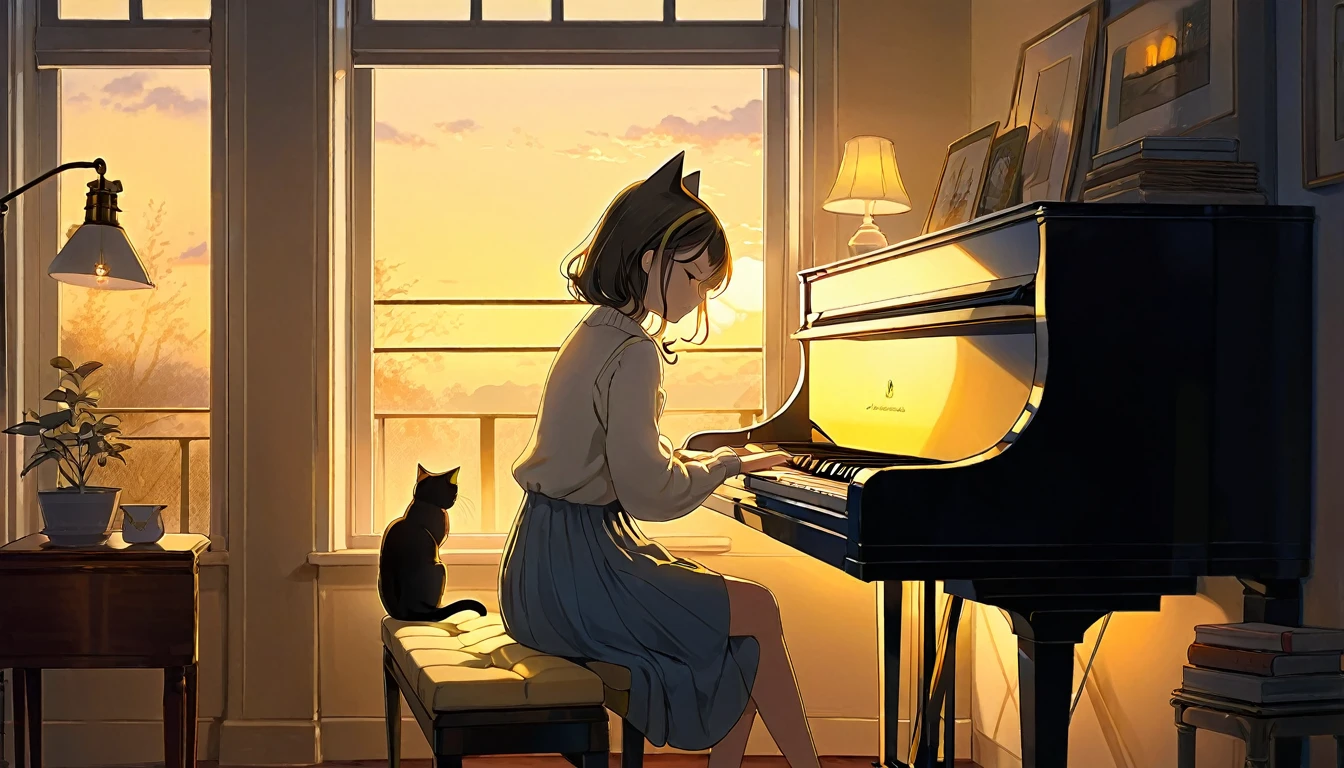 A dusk,
A girl sits in a cozy corner, draw a piano.
The soft yellow light of a desk lamp illuminates her thoughtful expression, revealing deep concentration and a calm posture.
Her gentle gaze is comforting.
It adds to the quiet evening atmosphere, creating a peaceful and tranquil look,with cat.
