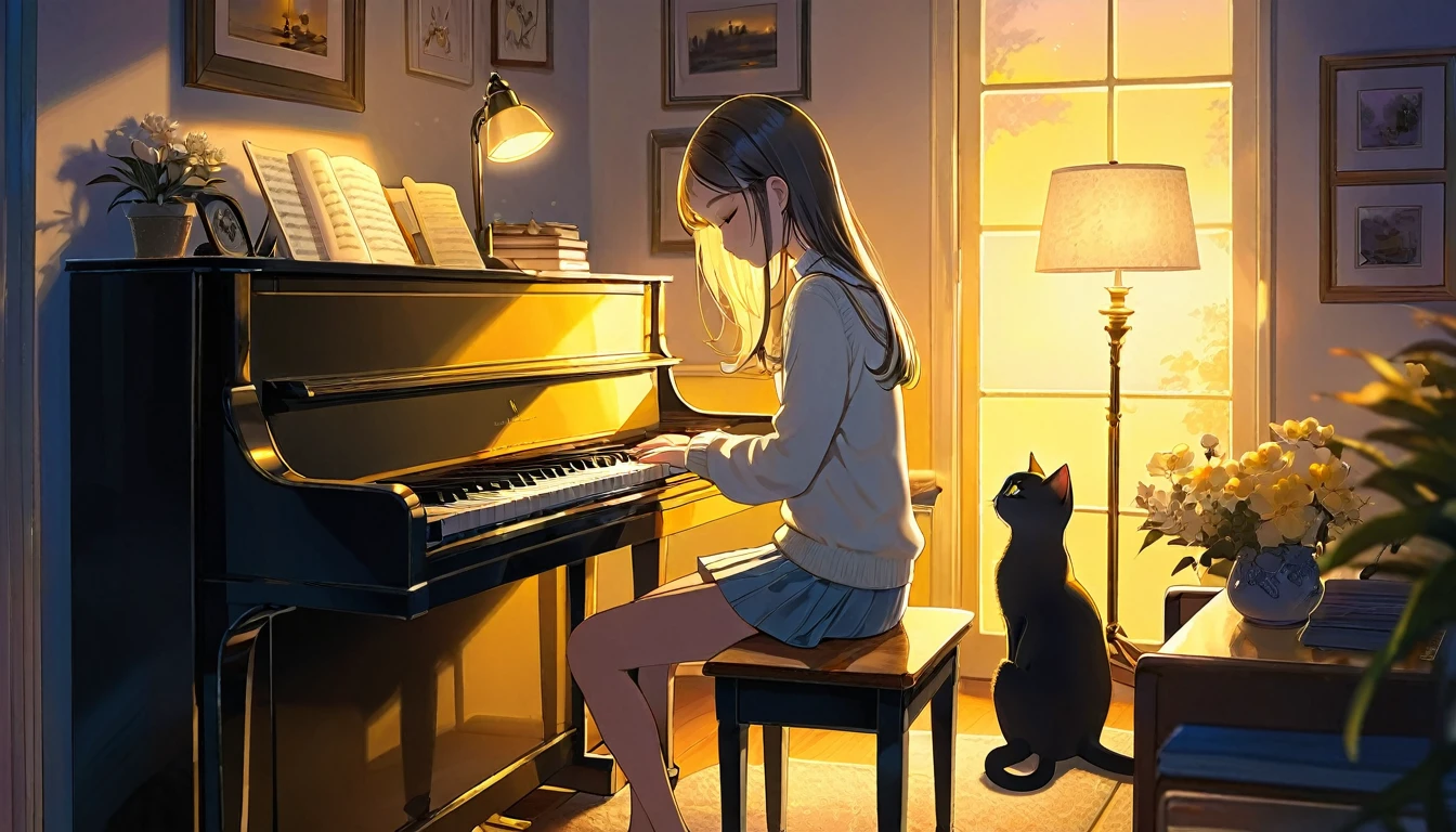 A dusk,
A girl sits in a cozy corner, draw a piano.
The soft yellow light of a desk lamp illuminates her thoughtful expression, revealing deep concentration and a calm posture.
Her gentle gaze is comforting.
It adds to the quiet evening atmosphere, creating a peaceful and tranquil look,with cat.