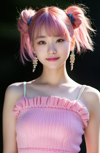 (Realistic:1.3), In detail, quality, Rembrandt Lighting, (Tabletop:1.2), (Realistic:1.2), (最高quality), (Detailed skin:1.3), (Intricate details), dramatic, Ray Tracing,
Defeat a girl, Japanese girl, smile,(Pink Hair 1.4), Bun Hair, Parted bangs, Eye highlights 21 years old, Large Breasts, Earrings, jirai fashion, Short dress, Frills, race, ribbon,Belly button break
(It's Tokyo Street, Harajuku, sunny day),