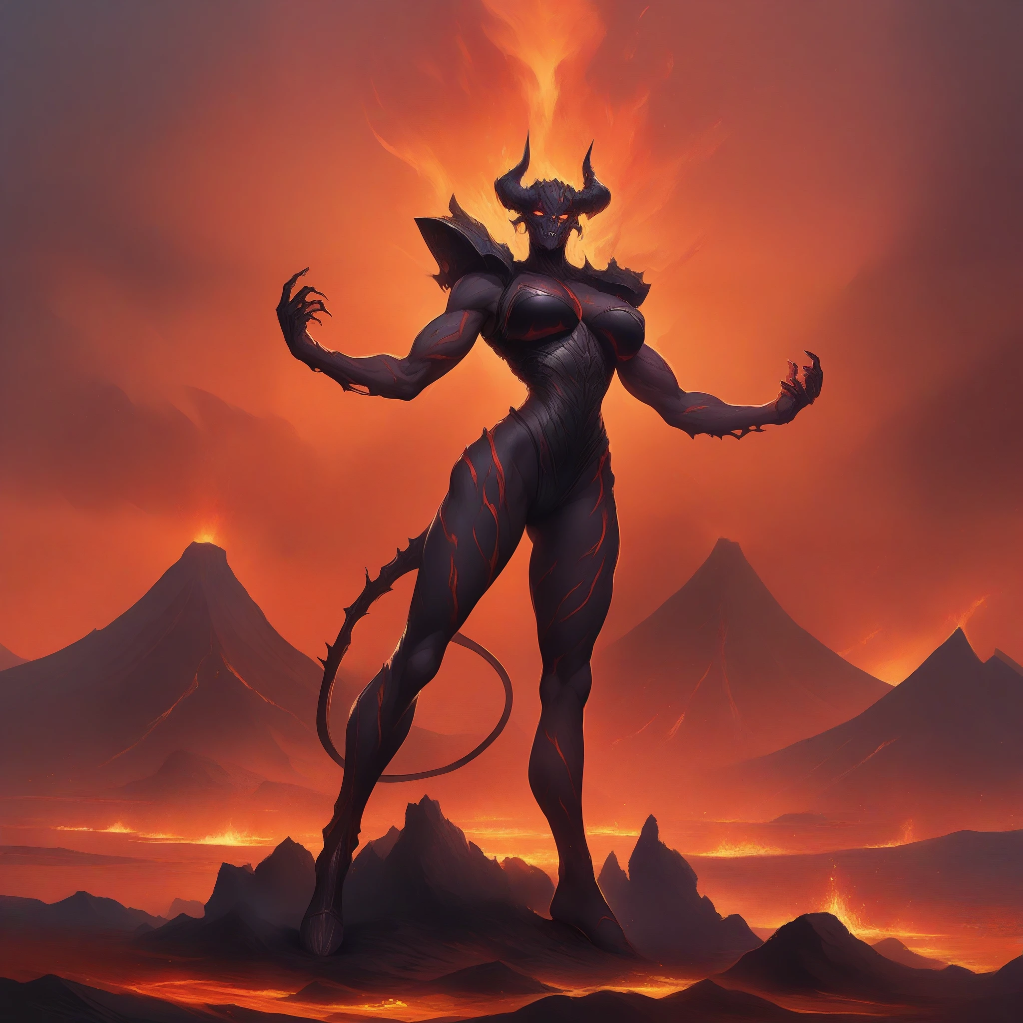 (masterpiece, best quality:1.2), standing_split,
(Majestic, Terrifying, female Lava Demon), (Volcanic, Infernal, Creature), (Dark, Scarlet, Skin), (High resolution, 8K Wallpaper), Textured, Sculpted Muscles, Vibrant, Glowing Eyes, Sultry, Smoky Breath, Fire, Magma, (Two horns, Tail coils), (Sensitive, Lava Skin), Showcasing, Detailed Facial Features, Charred, Craggy Complexion, (Dynamic, Dramatic Lighting), Smoldering, Epic, Lava, Volcano, Molten, (full body armor:1.2)