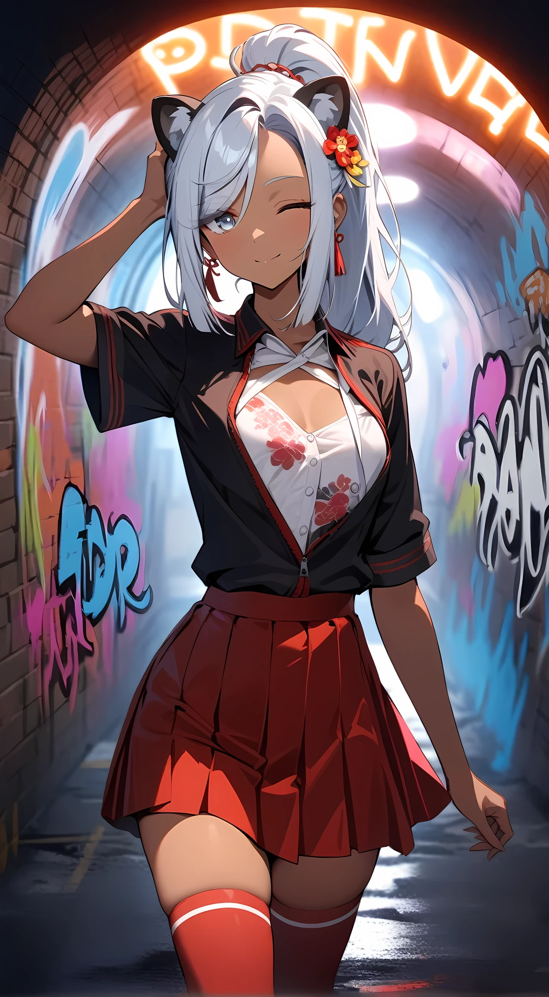 (female): solo,shenhe, (perfect face), (detailed outfit), (20 years old), beautiful female, (lion ears), calm, (smiling), (hand on own head, one eye closed), (ponytail), (dark skin), small chest_circumference, (red school uniform), (red miniskirt, red thighhighs), (flower hair ornament), (white ribbon on chest)
(background): from front, indoor, (inside a tunnel), (neon lights), (sports car:1.3), (graffiti), (brick wall), night, (clear)
(effects): (masterpiece), (best quality), (sharp focus), (depth of field), (high res)