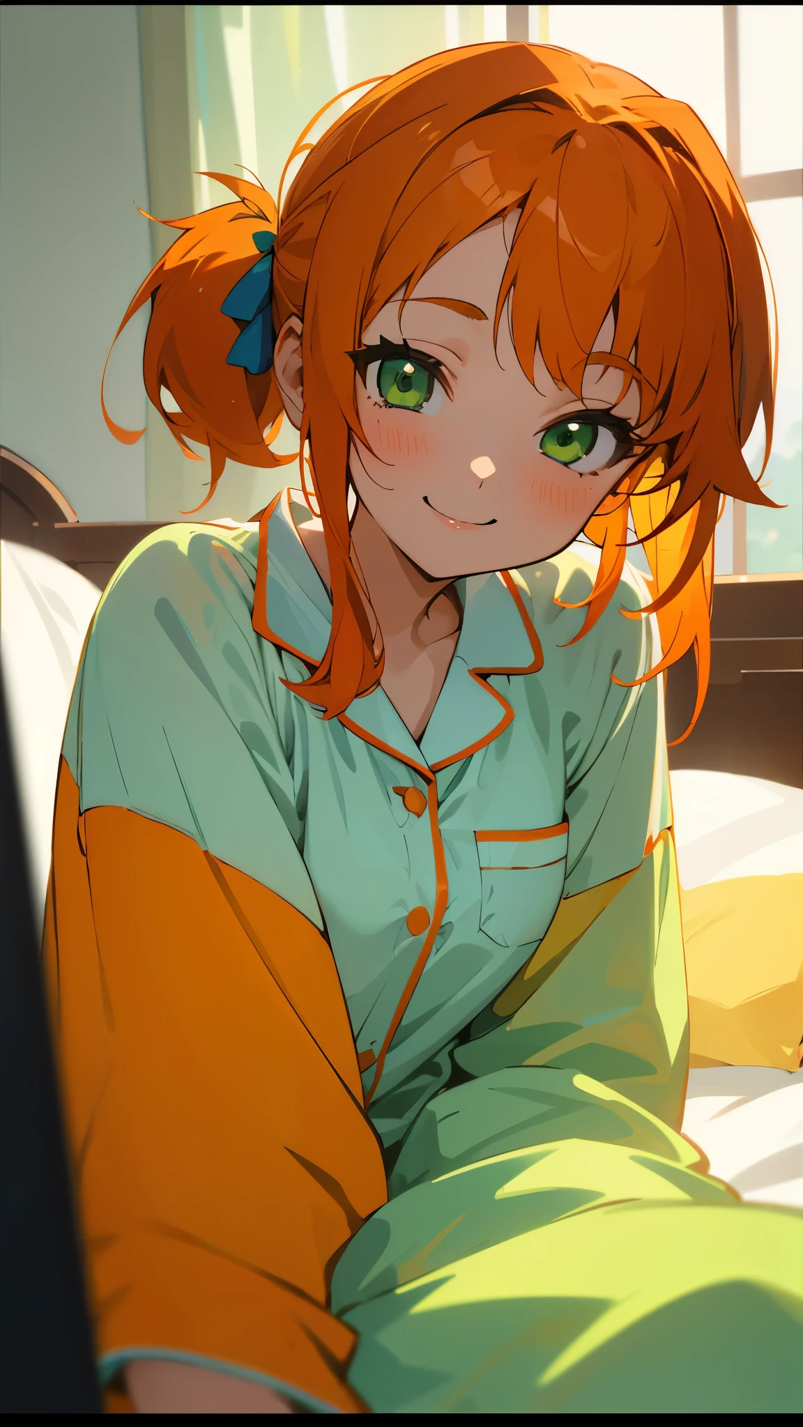 18-year-old girl sitting on bed、alone、Anime style painting、Wearing pajamas、Orange Hair、Beautiful green eyes、Side Ponytail、smile、smile、The soft texture of pajamas、Upper body close-up、Orange and green colours、Background Blur、Depth of the drawn border