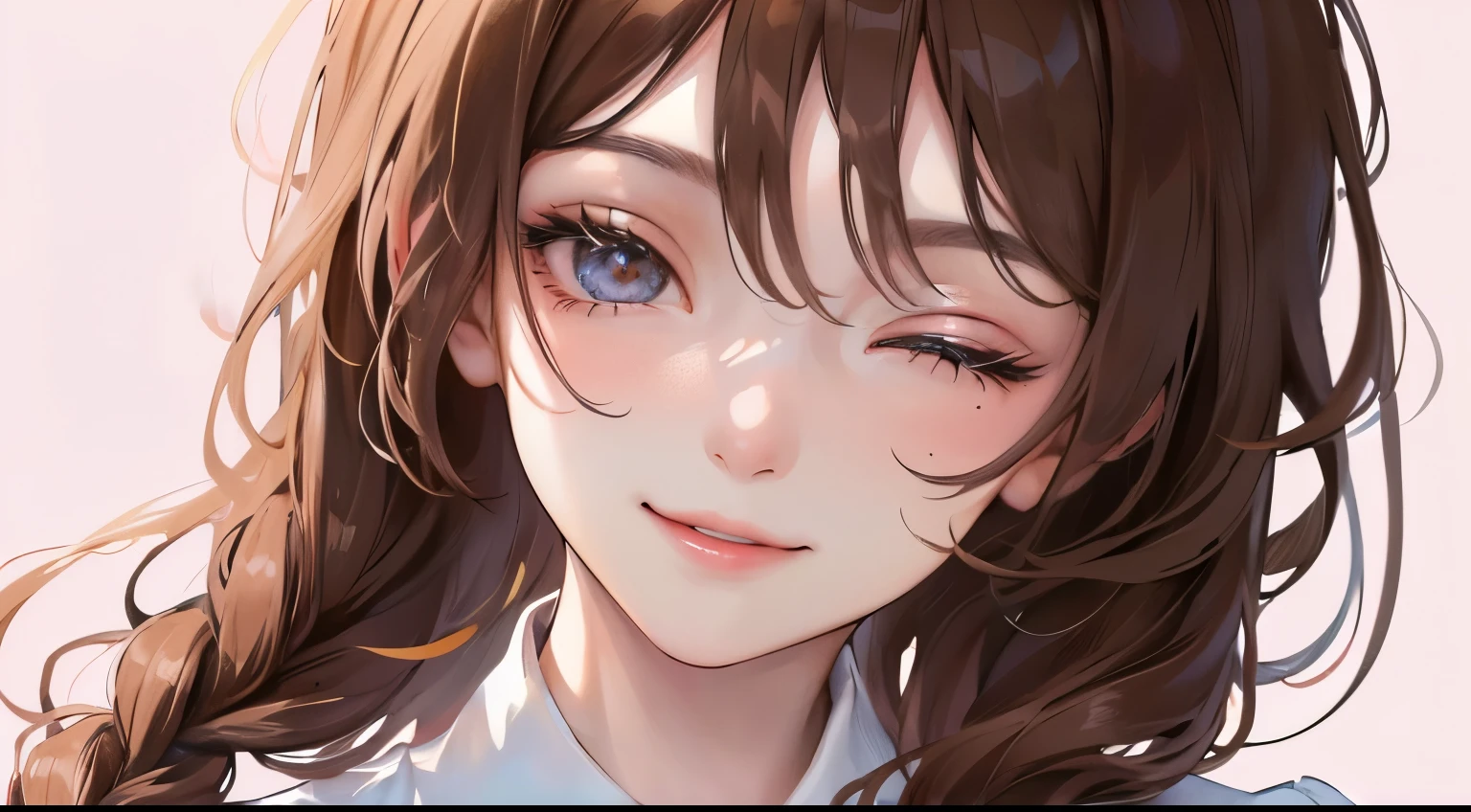 (((Open your eyes a little)))、(((1 personの少女)))、((1 person)),Masterpiece,best quality, ((Smile))), ,((White shirt))、((Pale pink background))、determined expression, Upper body diagram、 (Highest Resolution、Clear_image)、Best Quality、Light and shadow contrast、((illumination))、Very detailed、Semi-realistic、Braided hairstyle、Brown Hair、bangs、19 years old、　Lady,,young、((View from top))、Delicate Facial Features