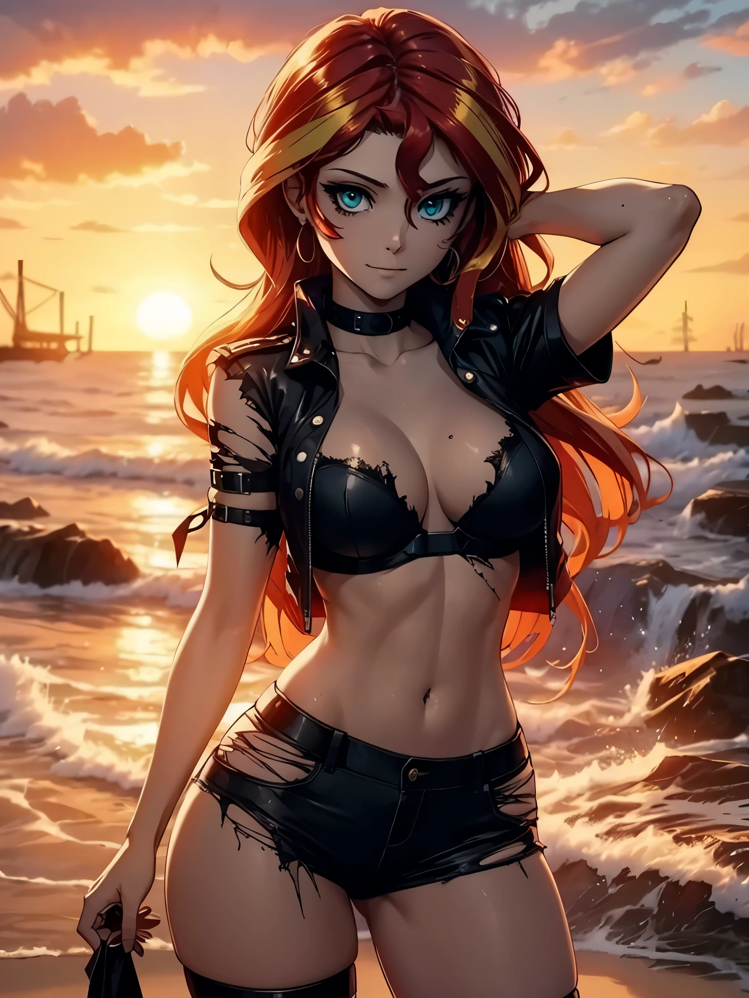Sunset shimmer as a sexy zombie, torn clothes, nipple