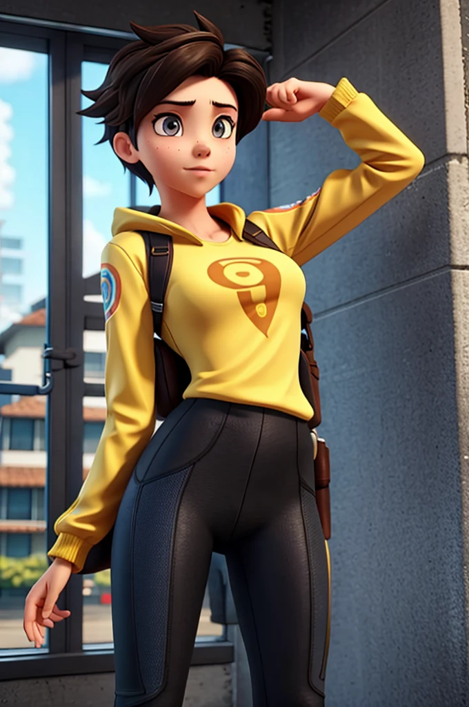 Tracer, tracer from overwatch, wearing tight clothes, in sunny day , wet, wet clothes, noticable body, nipples, cute, sexy, hot, sweaty, masterpiece, best quality,