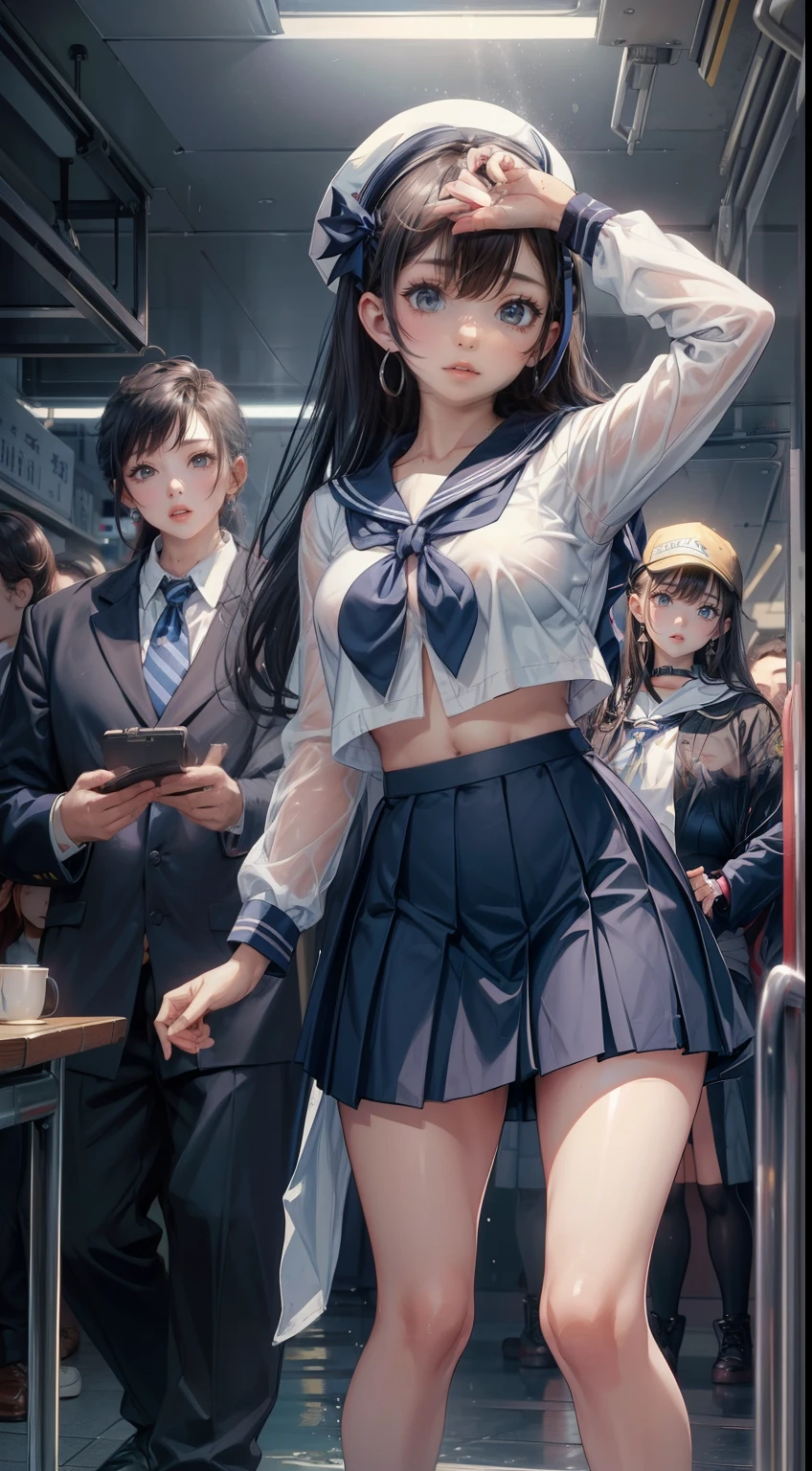 (highest quality), (((masterpiece))), (girl2 people), black hair, Blue inner color, (Beautiful blue eye), (Perfect Eye), ((neat sailor suit)), classroom, ((huge breasts)), ((A clean navy blue skirt)), mini skirt, (Neat sailor ribbon), ((perfect fingers)), (perfect anatomy), (perfect face)、expose the crotch、I can see your breasts、She feels embarrassed that her pink nipples are visible、blush、sexy look、expression of ecstasy、feel an orgasm、climax moment、Two-dimensional beautiful girl、crowded train, girl, A fat clumsy man hugs her from behind、Please speak in my ear、lift her up, black sexy lingerie,, I can see pubic hair, 40k, photograph, table top, highest quality, dark gray background, (with one girl's immediately open legully open legs with big breasts, lean on her from behind、Old man in various poses. , blush, troubled eyebrows, heavy breathing, grit your teeth, fiery face, student of the heart, full of sweat, Full body soaked, long hair, please bend your knees, not intentional, 涙eye, big, soaking wet, small, thin, white shirt, tie, Pants visible from short pleated skirt, leaning forward, put your hands on your hips, close ~ eye, not intentional, open shirt, Please choose one'feet、platinum blonde hair、black skin、gal