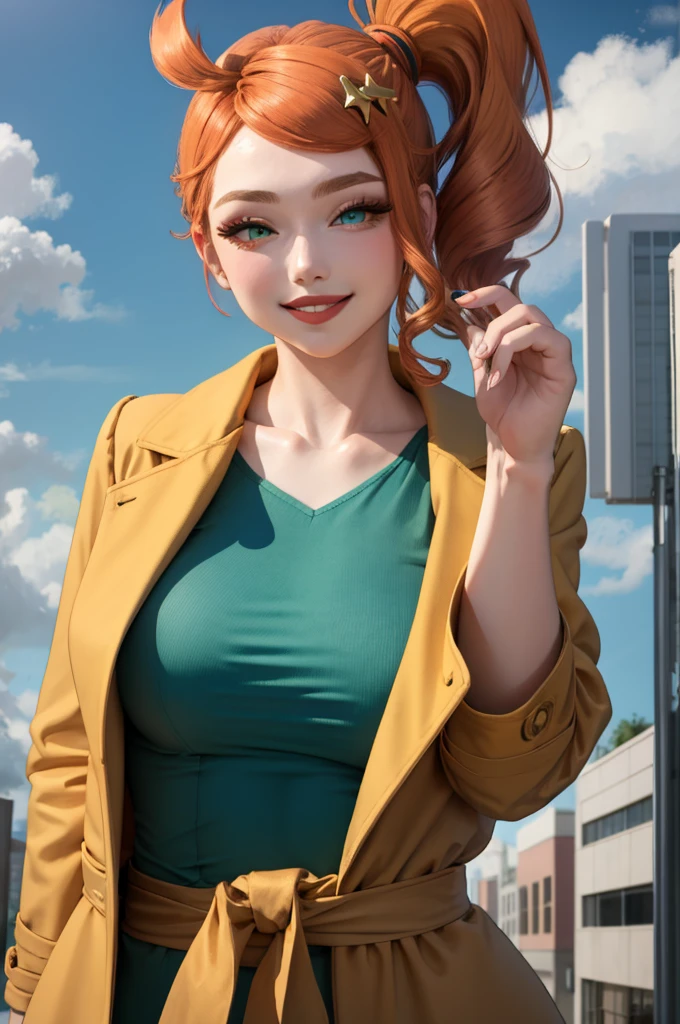 giantess, big body, sonia, side ponytail, upper body, makeup, 1girl, collarbone, green shirt, aqua eyes, orange hair, heart hair ornament,  looking at viewer, lipstick, eyelashes,  smile, solo, long hair, brown coat, parted lips, light smile