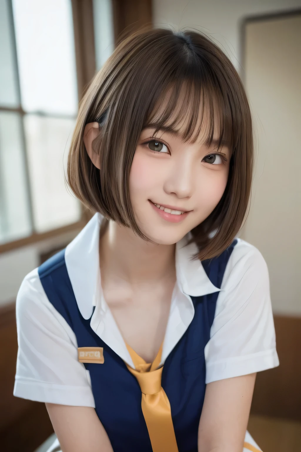 (masterpiece,highest quality,超A high resolution),Japanese women, (((Very cute 16 year old girl))), View the photographer, Front view, ((Bobcut)), Super cute face, Glossy lips, Double eyelids on both eyes, Focus your eyes, Natural Makeup, bangs, Shiny and smooth light brown wavy hair, (((Upper body close-up))), Large Breasts, Perfect limbs, Perfect ???????, (((One piece high school uniform:1.3))), ((Smile)), Night room, (Show off your slim thighs:1.3), ((Include the whole face and focus on the chest:1.2)), View your viewers, (Strike a cute pose:1.4), Perfect and natural fingers,