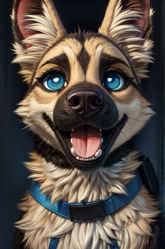 [D=" female, feral, slim,( cute), young blue  dog's shirt with police department's logo, fluffy, german_shepard:1.15, cute, jade_green|sky_blue eyes, round black pupils, small dog's mouth"]. D is standin between police manxs legs who's petting its neck, gets ready, masterpiece, breathtaking, superb linework, highly detailed, fine illustration, by hioshiru, by pixelsketcher, close to streetfloor shot, realistic, close-up, disney art,