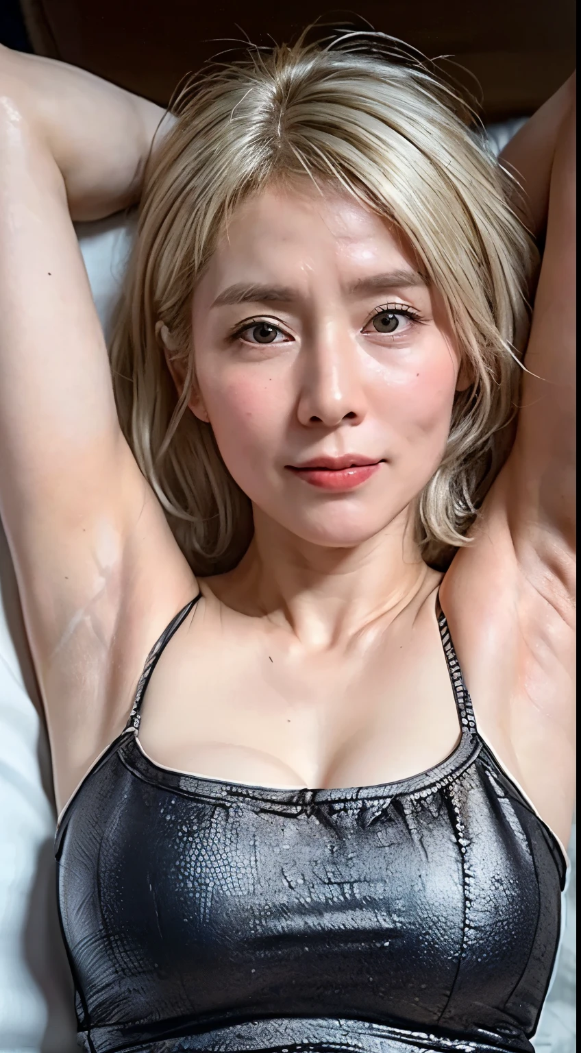 (Realistic:1.3、Ultra HD、Ultra-high resolution、8k、Japanese Housewife、Sleep on your back)、((Look Viewer:1.8))、(Extremely realistic skin texture:1.4)、(Realistic:1.3)、short hair、(Embarrassed expression:1.5)、(Blonde Hair:1.5)、(45-year-old woman、Mature Woman)、Ponytail hairstyle、(Raise her arm to show her armpit:1.3)、(Face close-up:1.0)