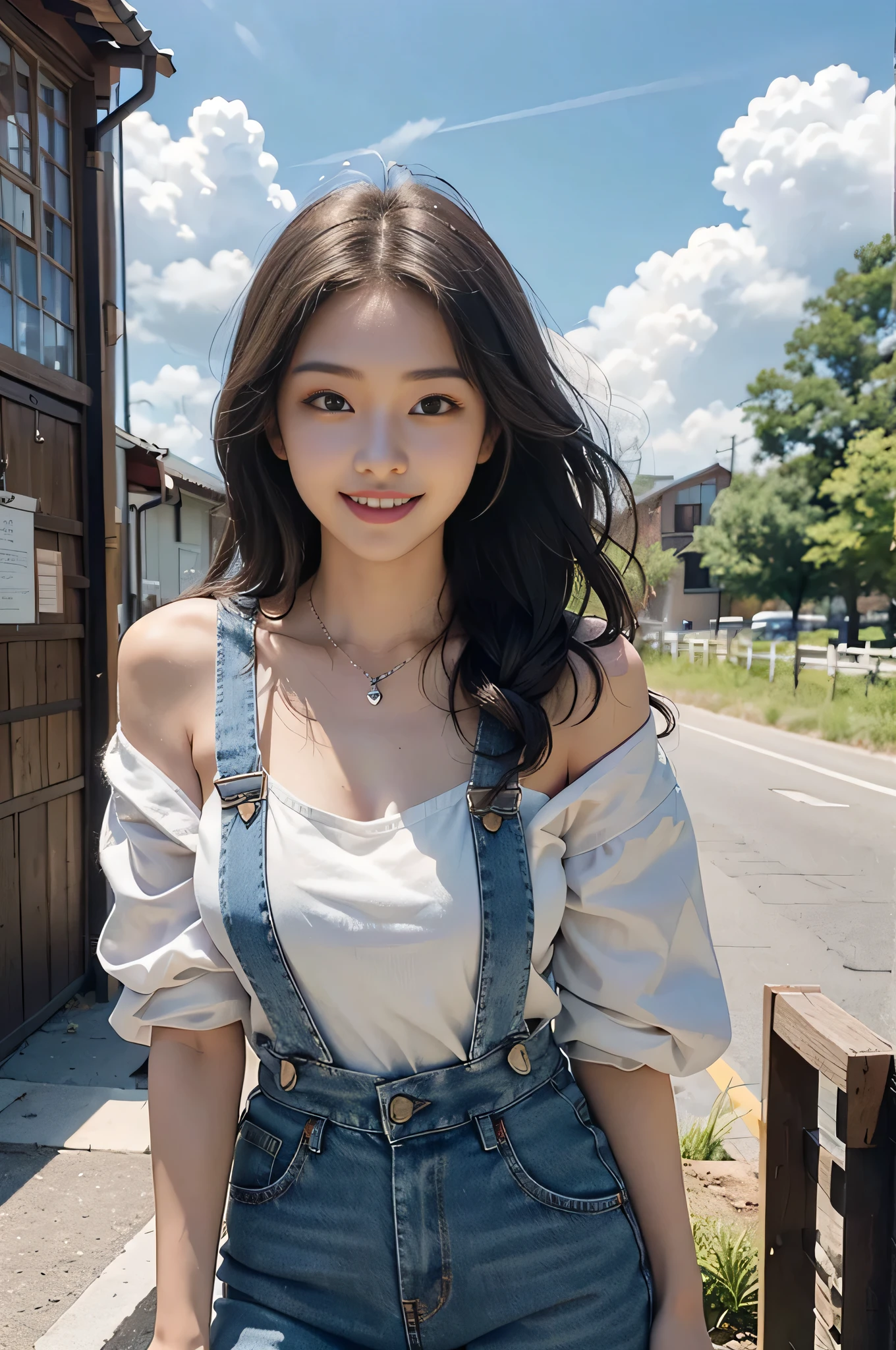 highest quality, Ultra-high resolution, masterpiece, Photorealistic: 1.8), pore, Accuracy, Wide rural landscape、Tall and wide, White clouds overhead, null, Denim overalls, Full breasts、White tank top、Silver Necklace、Pale Light, young woman, Tie your hair back, Iris, Smiling eyes、smile, Open your mouth and laugh loudly、White teeth、Leaning forward, Leaning forwardになる, Bend your waist, Look into the chest, Detailed Description, 23 years old, cute,