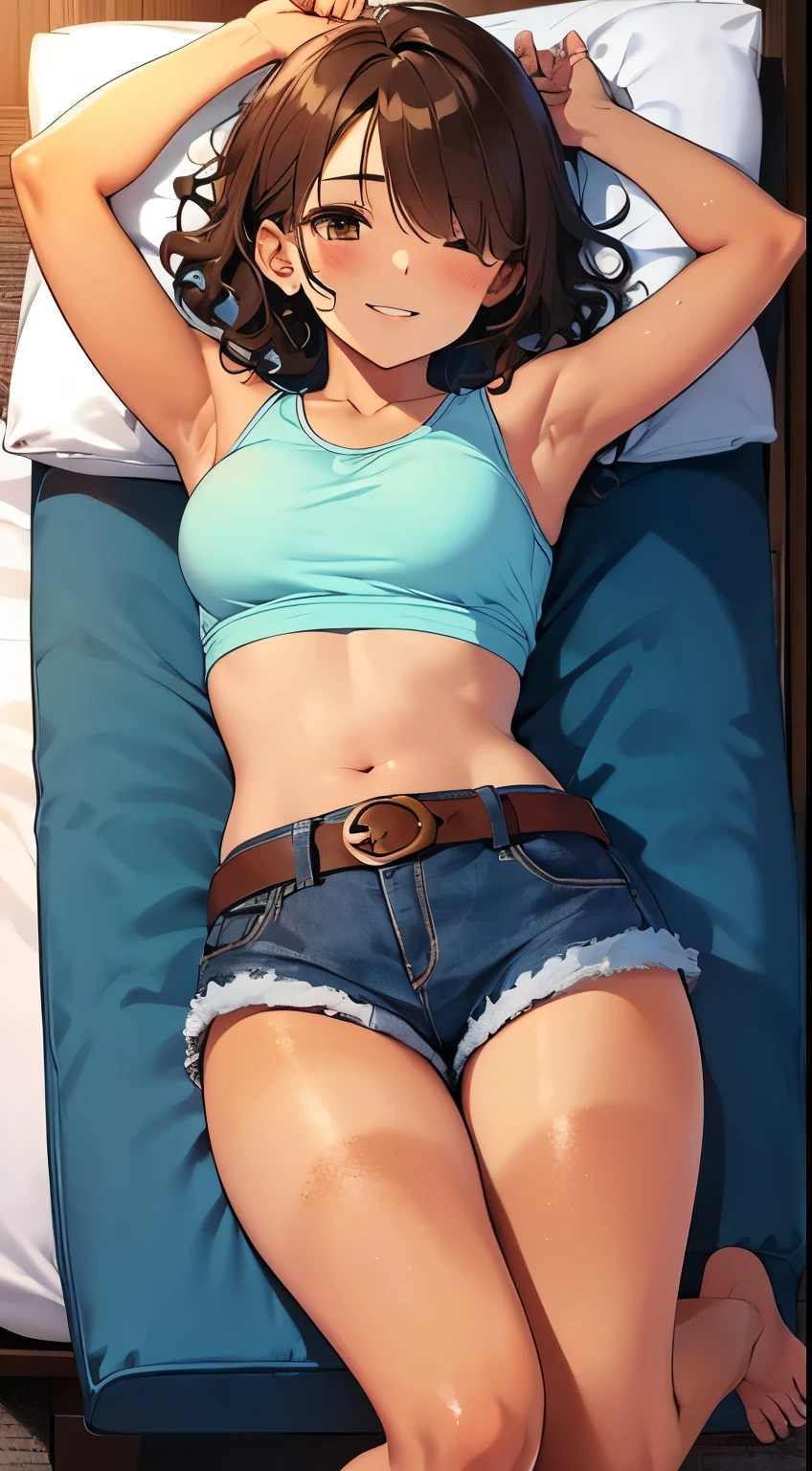highest quality、Elementary school student bra、Beige shorts、Cute appearance、Stretch your legs in the room、Armpit sweat、Grass、Ecstasy face,(Attractive person), (girl1name), (Highly detailed face, smile) ,, (日本のgirl), Slightly round face, (Tan brown face:1.6), cute, Big eyes、2D,highest quality,(masterpiece),(((whole bodyが映る))),(((whole body))),(wavy-medium hair:1.6),(hair over one eye:1.3),((Chestnut brown hair)),Healthy brown skin,((Denim hot pants)),Leather Belt,Pink Tank Top,Shining bare feet,barefoot,Beautiful brown eyes,Attractive thighs,Sloppy body type,Bedroom,get drunk,Upward glance,cheeks are bright red,あざとcute,Sleeping face like an angel,Erotic look,whole bodyに汗の大きな滴,humid,Waistline、My Room、(Sleeping on your stomach:1.1),(Angle shot from directly above:1.2),Poses that accentuate the buttocks,Angle to emphasize the buttocks,Sole