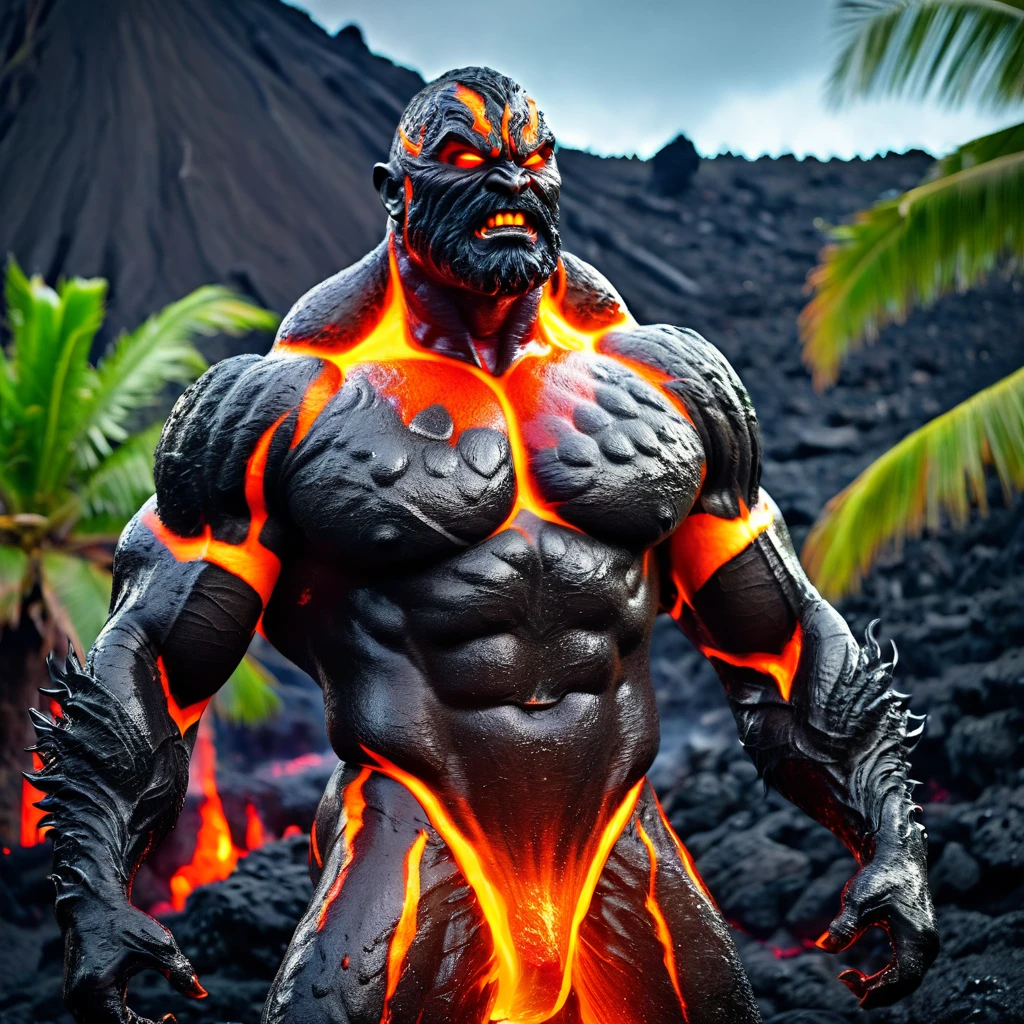 (best quality,4k,highres,masterpiece:1.2),ultra-detailed,(realistic:1.37),WWE superstar The Rock, Lava Demon, lush tropics of Hawaii, rises from a pool of lava, scorches the earth, walks to the sea, volcanic eruptions, intense heat, molten lava, smoldering flames, dramatic landscape, exotic plants, vibrant foliage, towering palm trees, scenic beauty, steam rising, intense red and orange hues, billowing smoke, glowing embers, powerful presence, muscular physique, awe-inspiring, fierce expression, penetrating eyes, chiseled features, lava-like skin texture, lava sparks, fiery aura, searing radiance, epic battle, volcanic energy, primal force, unstoppable, legendary strength, immortal being, otherworldly transformation, volcanic island paradise