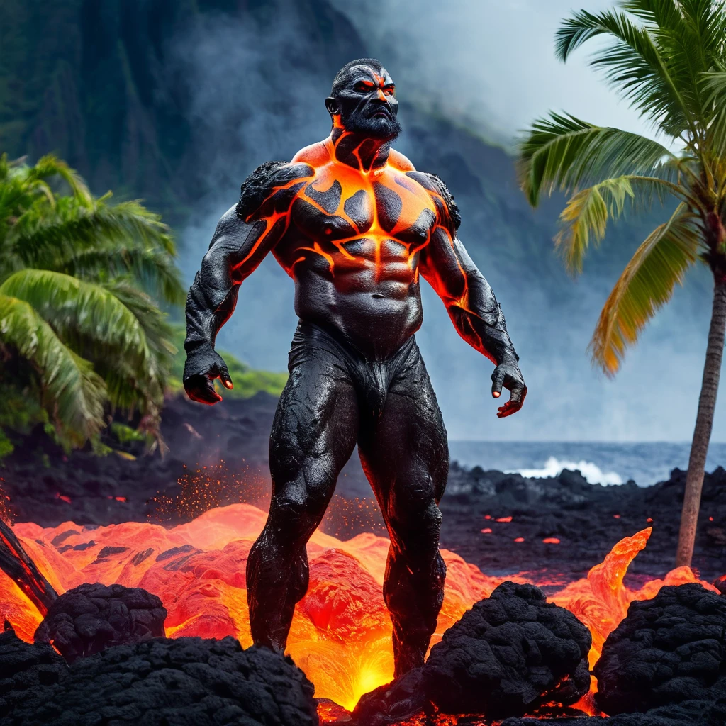 (best quality,4k,highres,masterpiece:1.2),ultra-detailed,(realistic:1.37),WWE superstar The Rock, Lava Demon, lush tropics of Hawaii, rises from a pool of lava, scorches the earth, walks to the sea, volcanic eruptions, intense heat, molten lava, smoldering flames, dramatic landscape, exotic plants, vibrant foliage, towering palm trees, scenic beauty, steam rising, intense red and orange hues, billowing smoke, glowing embers, powerful presence, muscular physique, awe-inspiring, fierce expression, penetrating eyes, chiseled features, lava-like skin texture, lava sparks, fiery aura, searing radiance, epic battle, volcanic energy, primal force, unstoppable, legendary strength, immortal being, otherworldly transformation, volcanic island paradise
