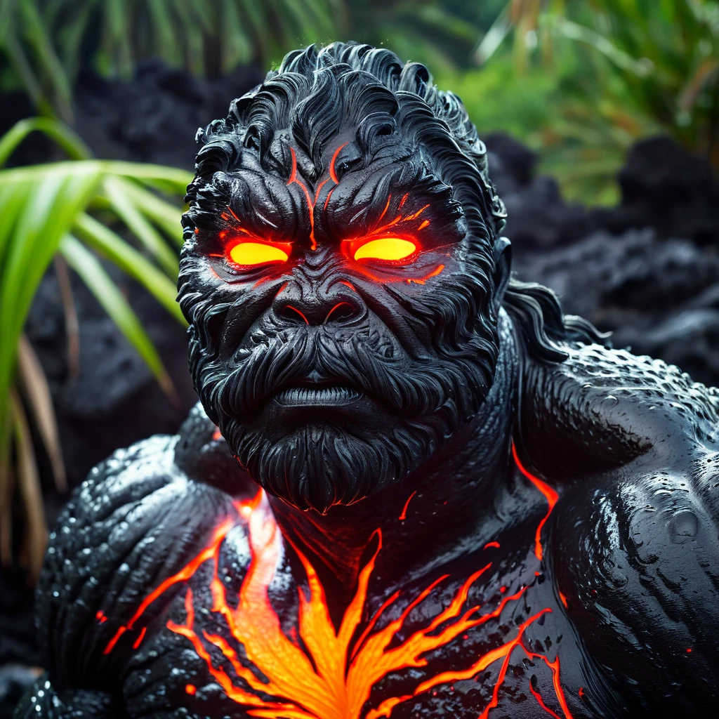 (best quality,4k,highres,masterpiece:1.2),ultra-detailed,(realistic:1.37),WWE superstar The Rock, Lava Demon, lush tropics of Hawaii, rises from a pool of lava, scorches the earth, walks to the sea, volcanic eruptions, intense heat, molten lava, smoldering flames, dramatic landscape, exotic plants, vibrant foliage, towering palm trees, scenic beauty, steam rising, intense red and orange hues, billowing smoke, glowing embers, powerful presence, muscular physique, awe-inspiring, fierce expression, penetrating eyes, chiseled features, lava-like skin texture, lava sparks, fiery aura, searing radiance, epic battle, volcanic energy, primal force, unstoppable, legendary strength, immortal being, otherworldly transformation, volcanic island paradise