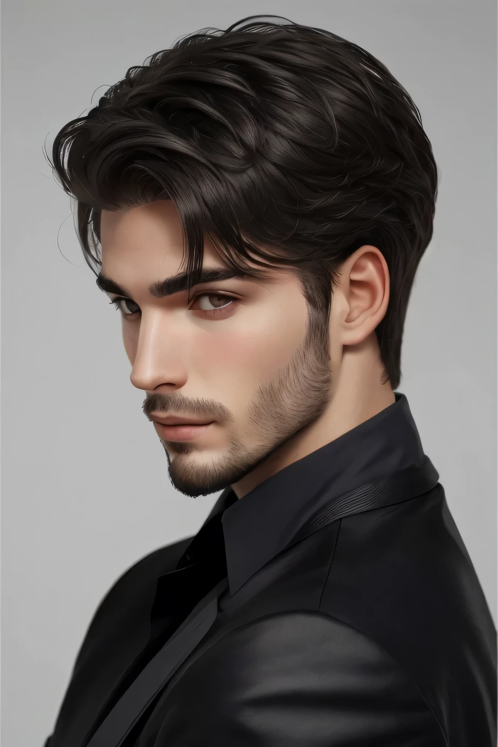 Un hombre sin barba, ojos color azules, cabello corto, color negro, side hairstyle with fallen hair on the forehead, estatura 1.90.