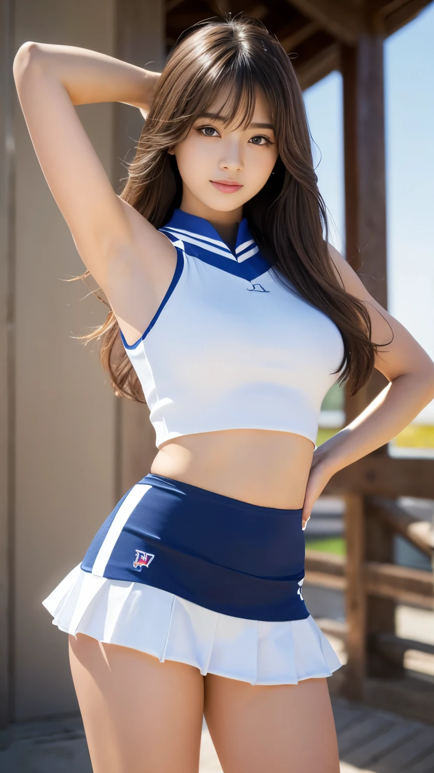 highest quality, masterpiece, Ultra-high resolution, (Realistic:1.4), RAW Photos, 32K Portrait, Very detailed, Cowboy Shot, Dynamic pose,
One Girl, , Full back pants、The most famous Japanese idol、Japan'most popular cheerleader, Wearing only a white sleeveless cheerleader uniform, An innocent smile, View your audience, Upturned buttocks,
Very cute face, Stunningly beautiful big black eyes, Very beautiful hair, Very beautiful lips, Very beautiful skin, Very beautiful breasts, Very beautiful body, Very beautiful arms, Five perfect fingers, Very beautiful buttocks, Very beautiful thighs,
Detailed face, fine grain, Detailed Hair, Detailed lips, Detailed skin, Detailed body, Detailed Weapons, Detailed five fingers, Detailed white sleeveless cheerleader uniform, Detailed hips, Thigh details