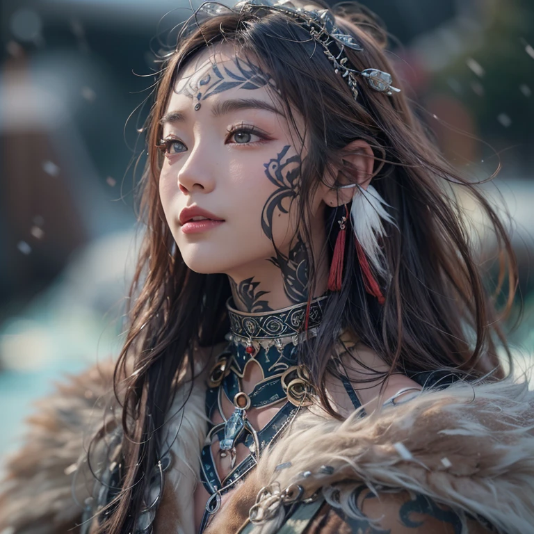 Hide in the snow mountain、Hair flows、 ((highest quality、masterpiece、8k、best image quality、ultra high resolution、Award-winning work)、(accurate anatomy:1.1)、(look at me and smile:1.1)、Shining fair skin with ultra high resolution、most detailed face、ultra high resolution detailed face、ultra high resolutionの髪の毛、(ultra high resolutionの煌めく瞳:1.1)、Beautiful face drawn in every detail、(blurred background:1.1)、ancient Inuit clothing, chest together, tattoo, Old ruins in the background、real giant falcon in the shoulder 